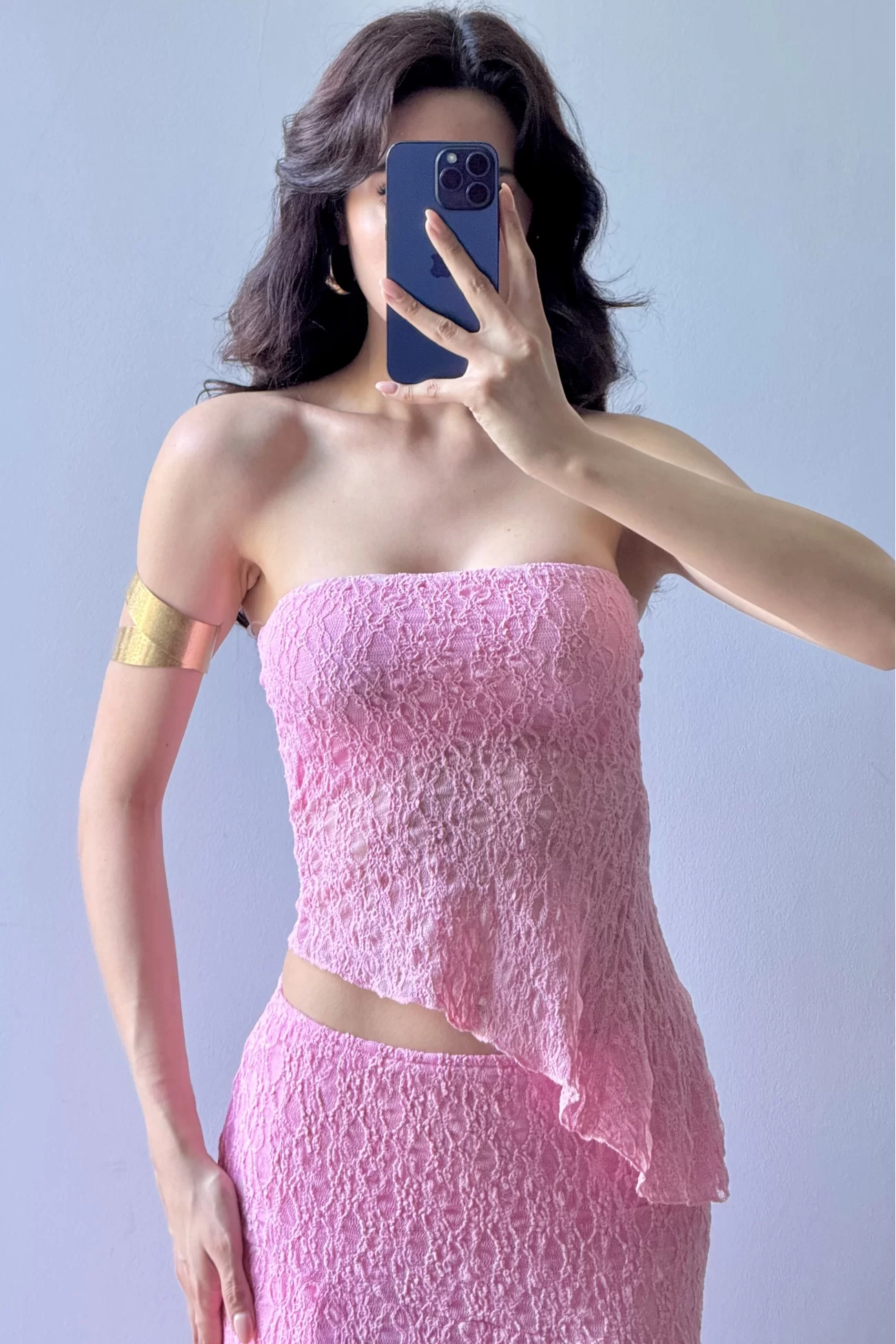 Kadın Pembe Dantel Crop Etek Takım 1026-221725
