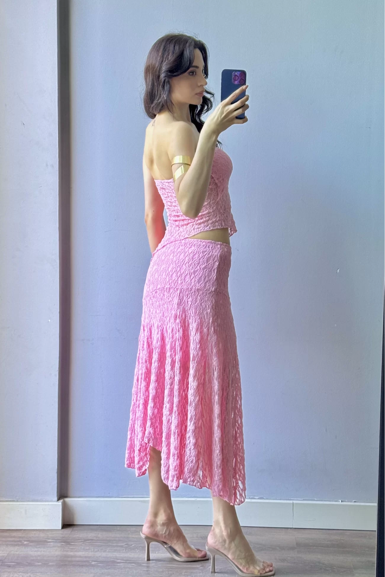 Kadın Pembe Dantel Crop Etek Takım 1026-221725