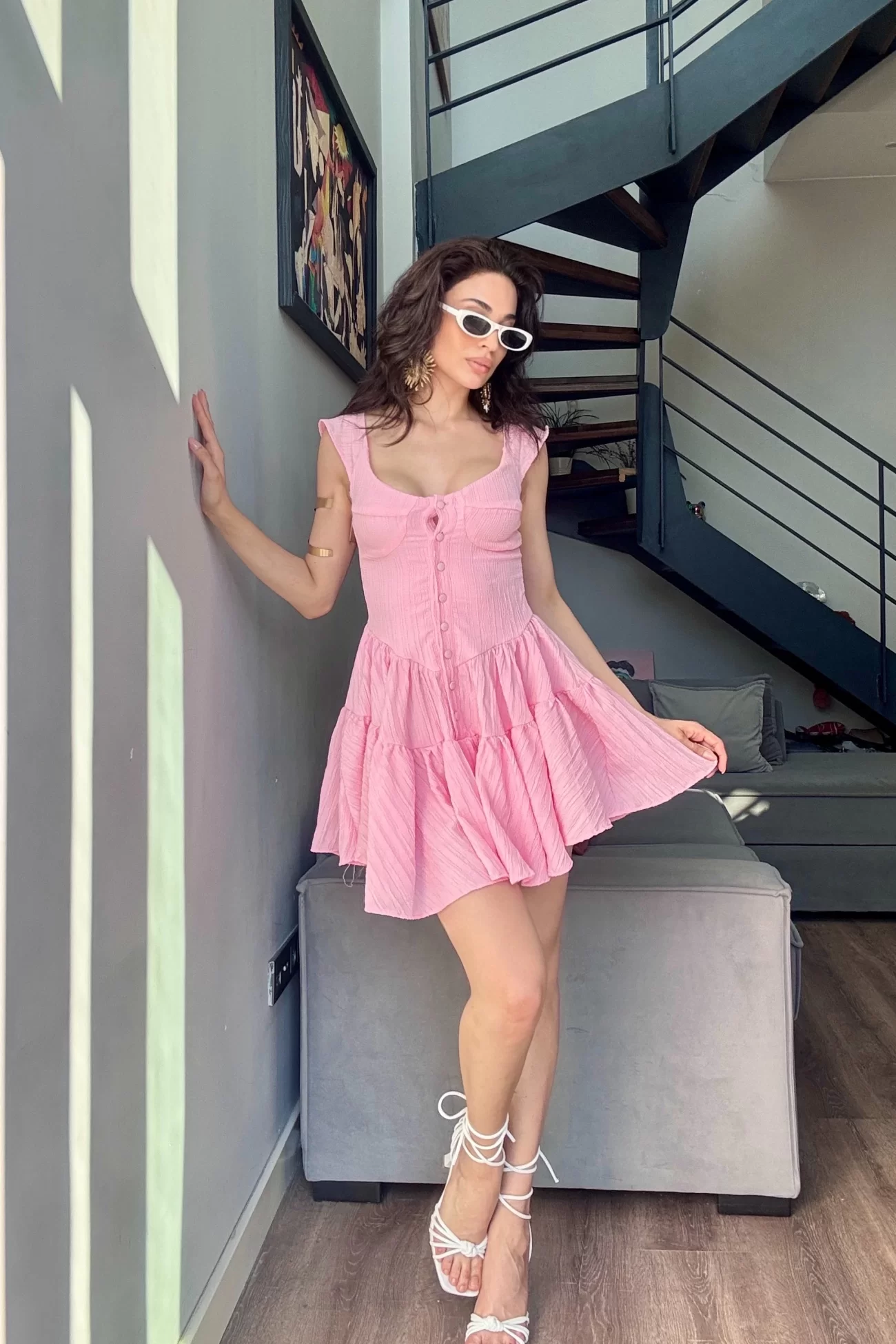 Kadın Pembe Düğme Deyalı Şort Tulum 1006-0495
