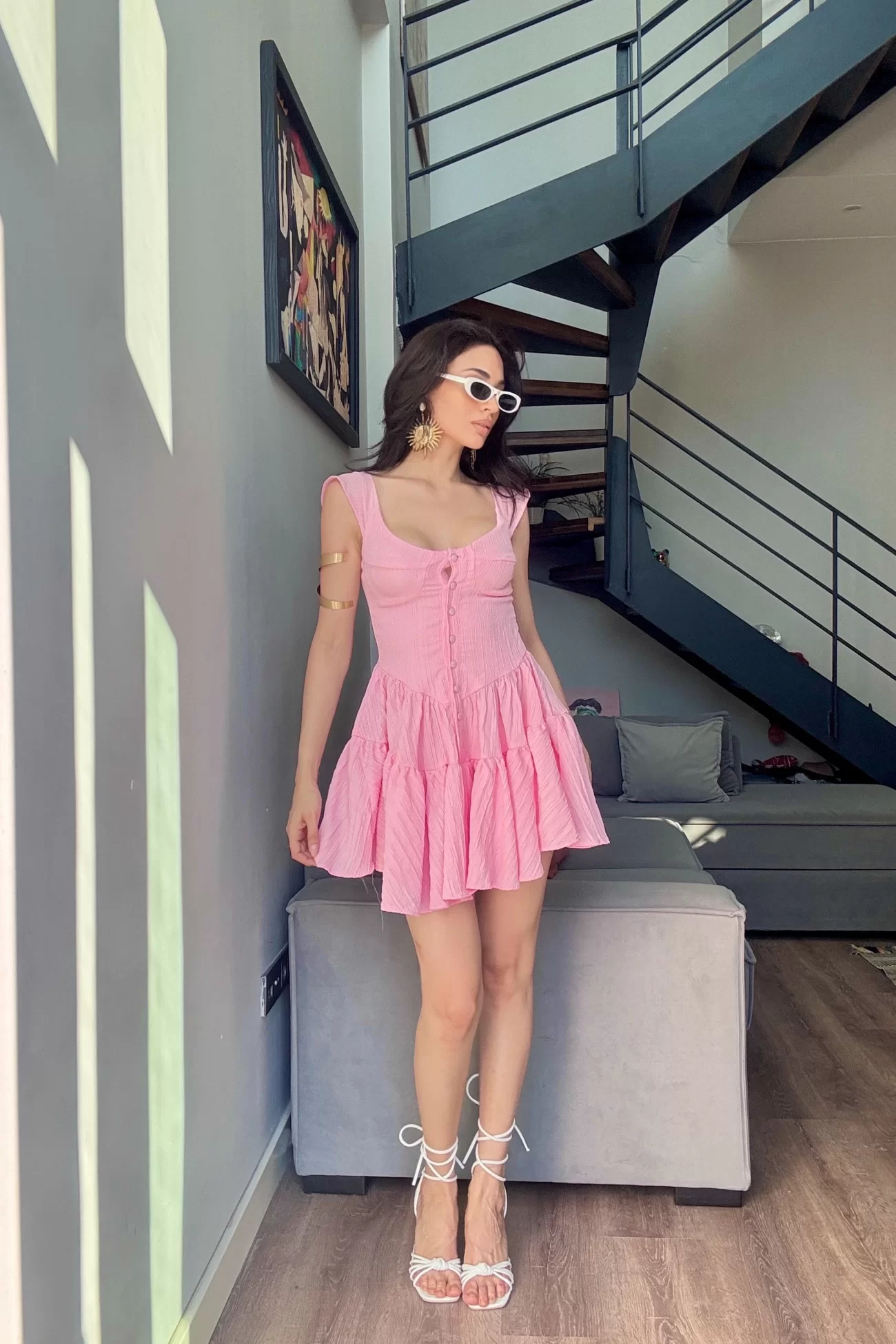 Kadın Pembe Düğme Deyalı Şort Tulum 1006-0495