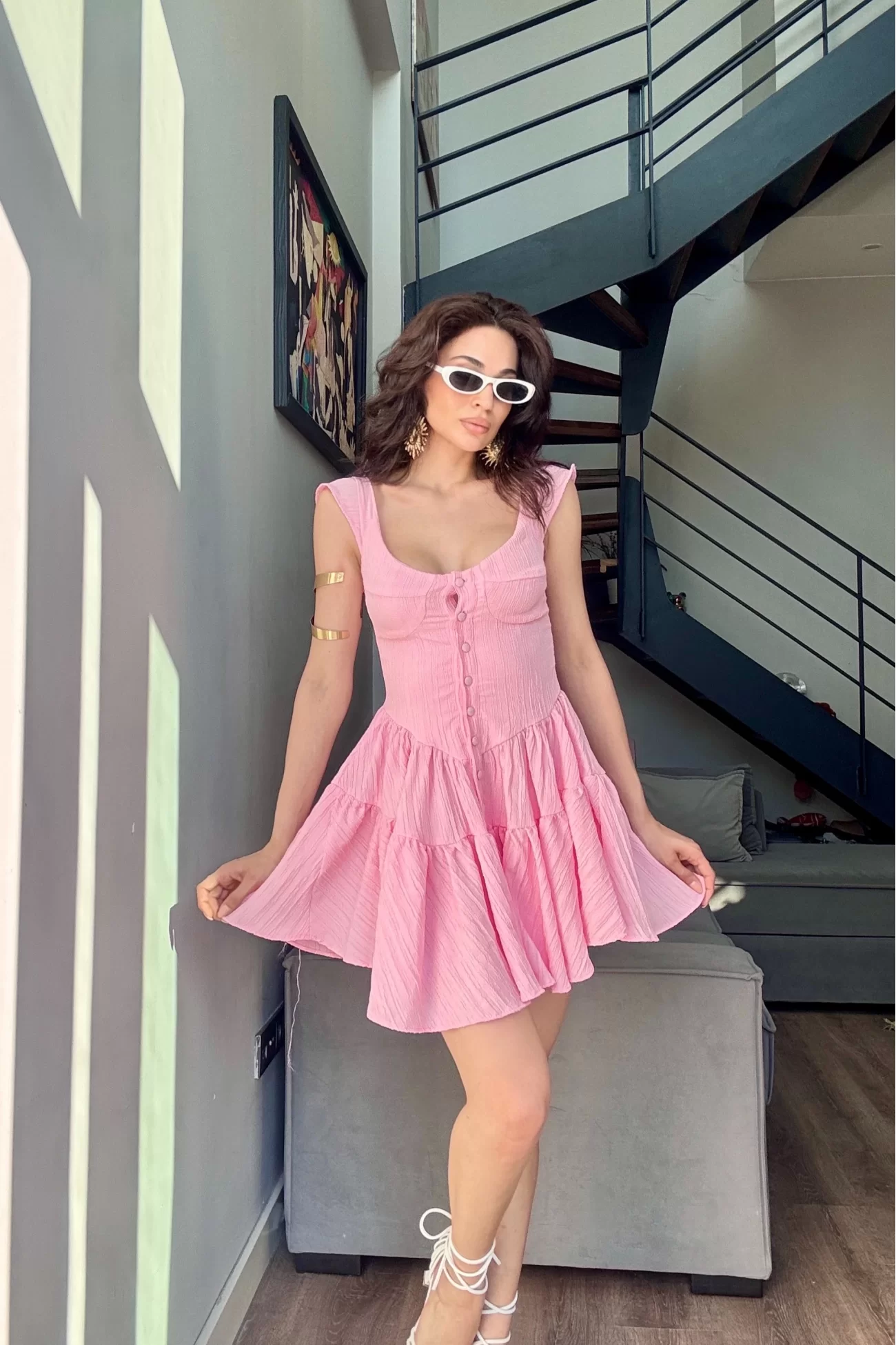 Kadın Pembe Düğme Deyalı Şort Tulum 1006-0495