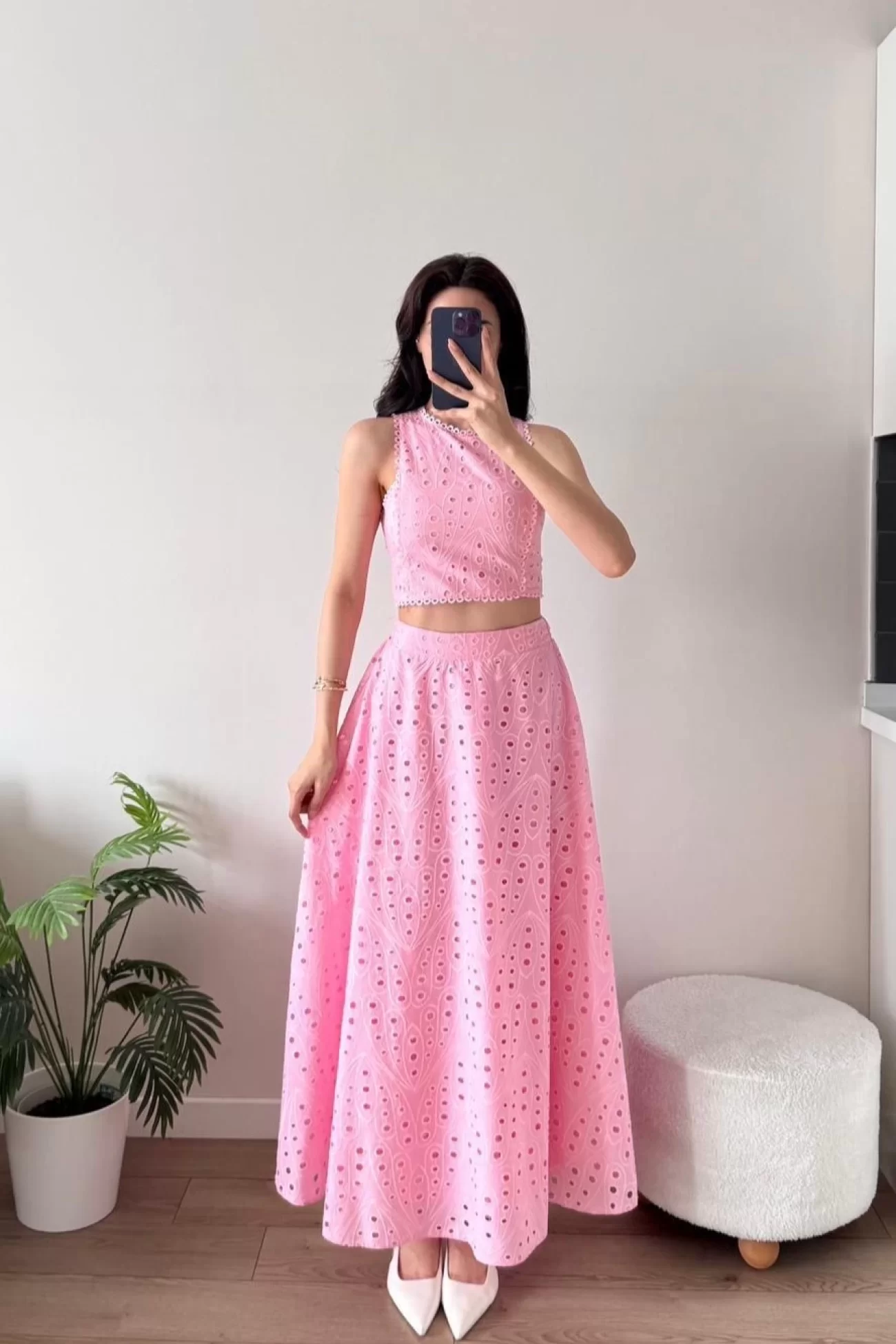 Kadın Pembe Kolsuz Crop Etek Takım 1041-3251
