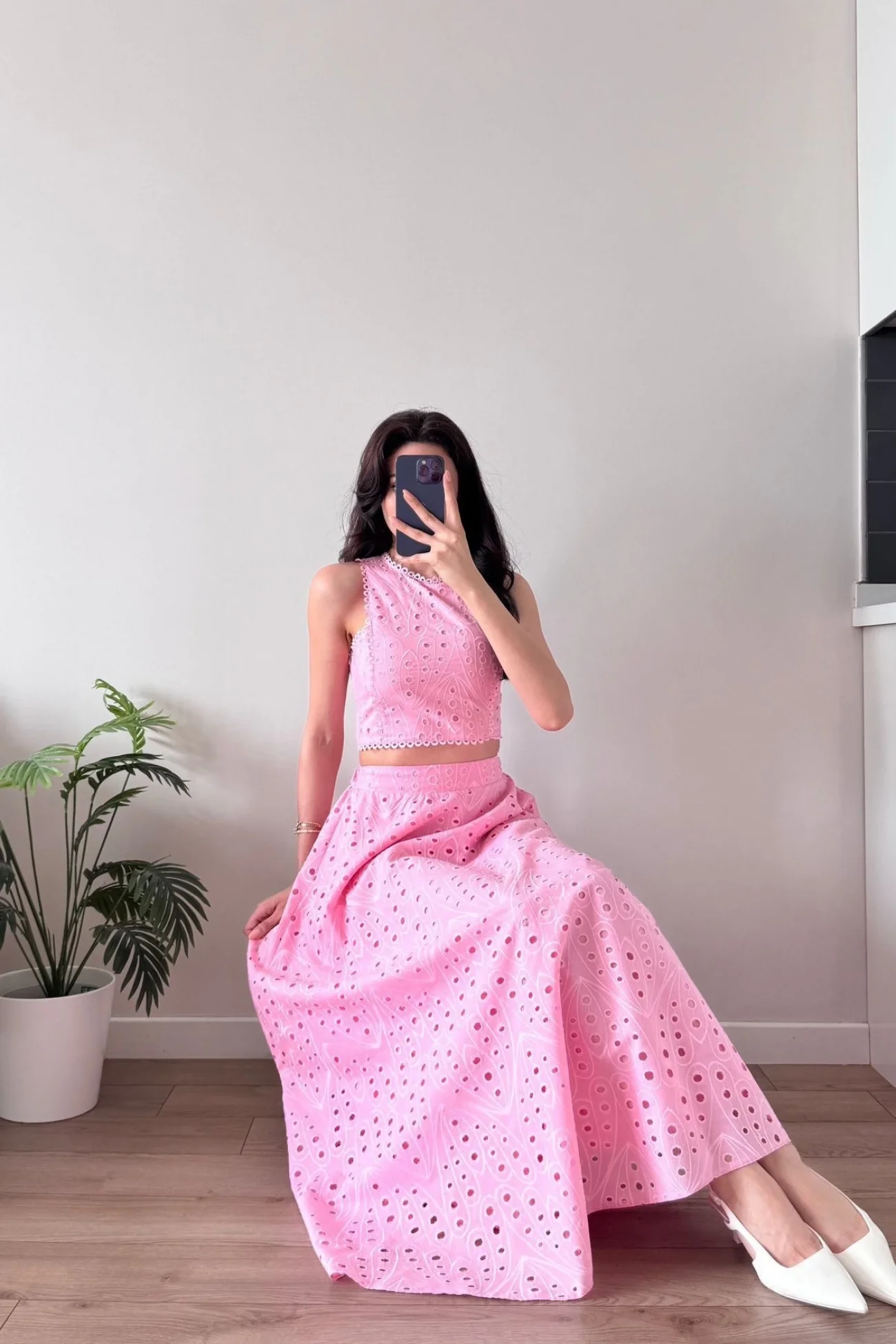 Kadın Pembe Kolsuz Crop Etek Takım 1041-3251