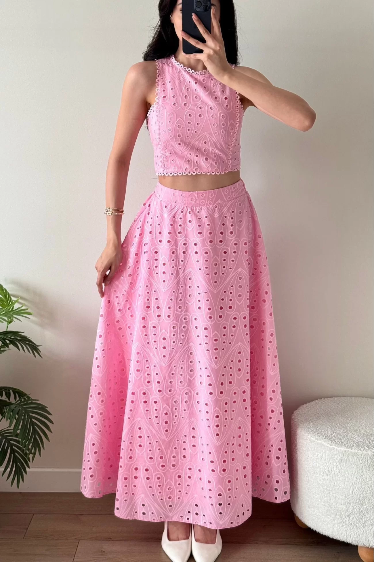Kadın Pembe Kolsuz Crop Etek Takım 1041-3251