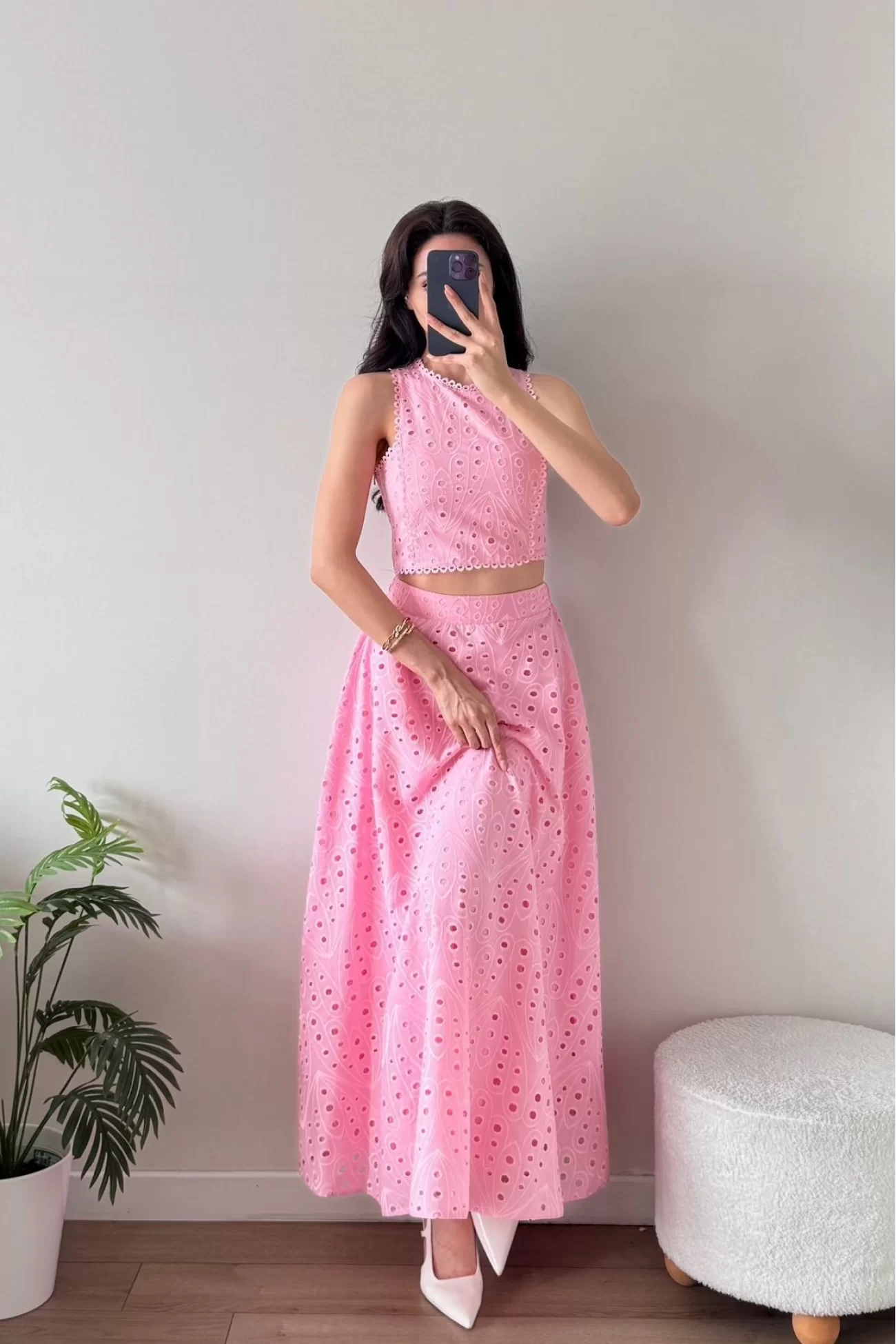 Kadın Pembe Kolsuz Crop Etek Takım 1041-3251