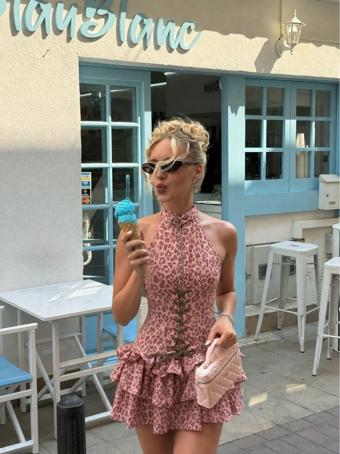 Kadın Pembe Leopar Özel Tasarım Volanlı Mini Elbise 5443