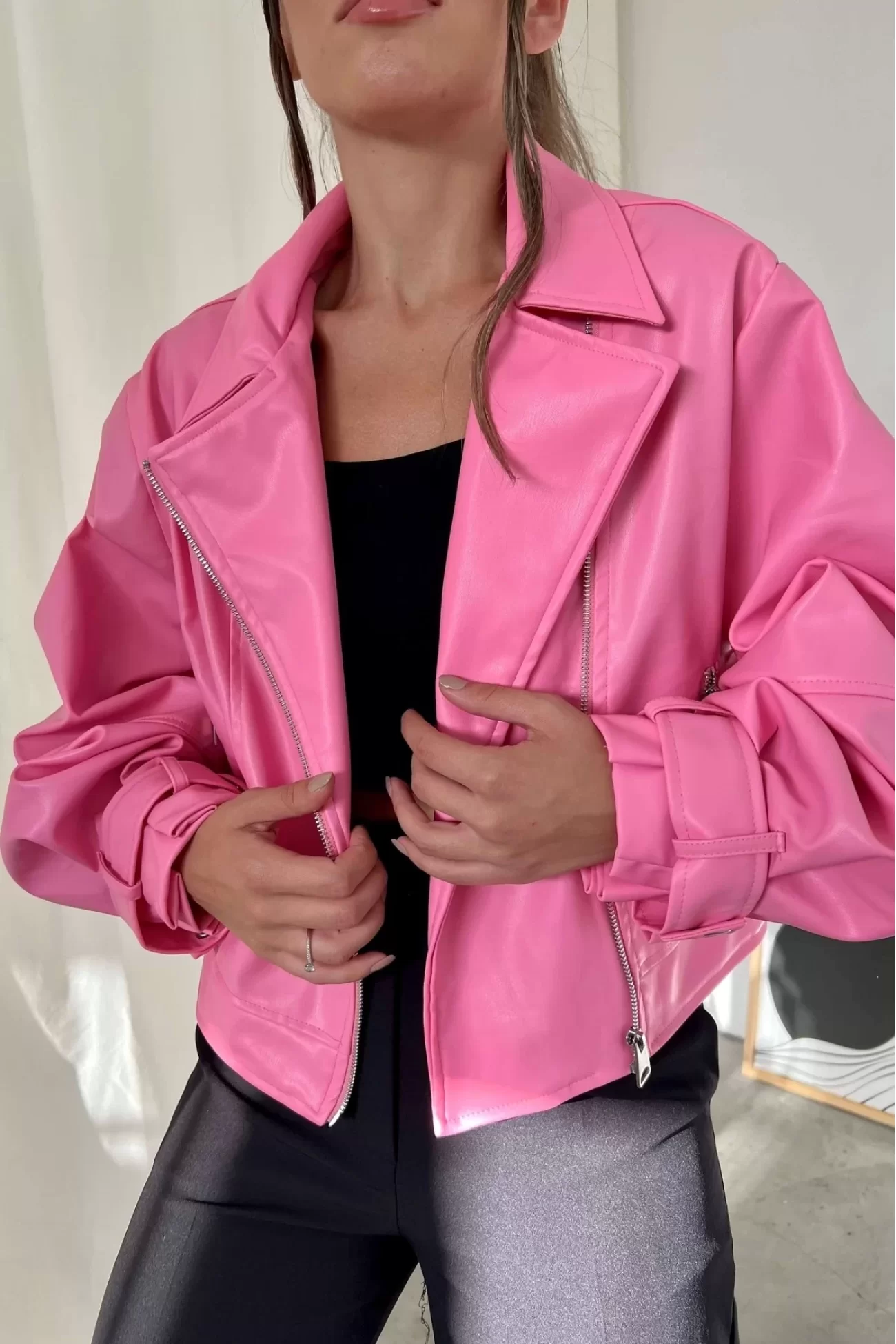 Kadın Pembe Oversize Deri Ceket 0991-9999