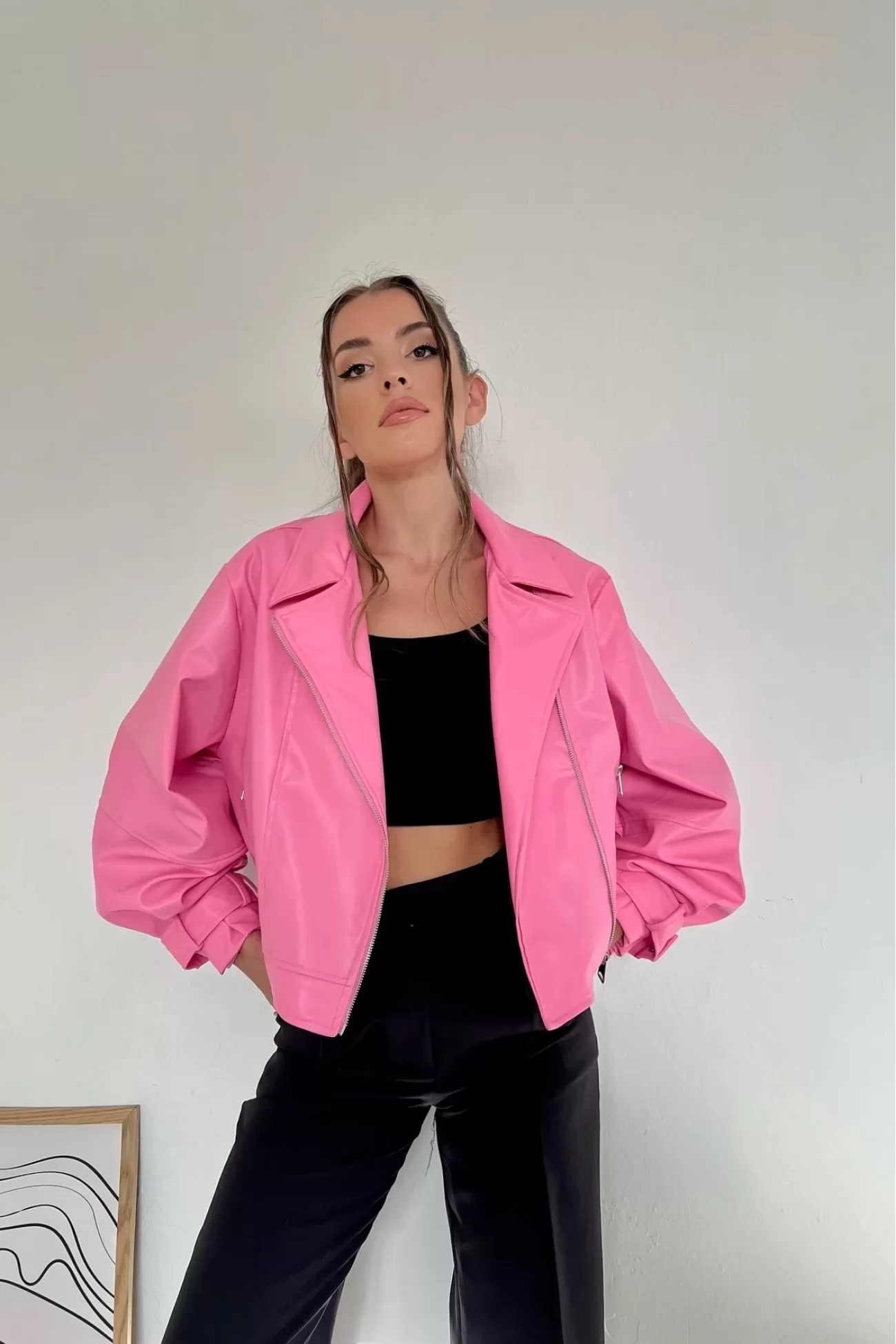 Kadın Pembe Oversize Deri Ceket 0991-9999