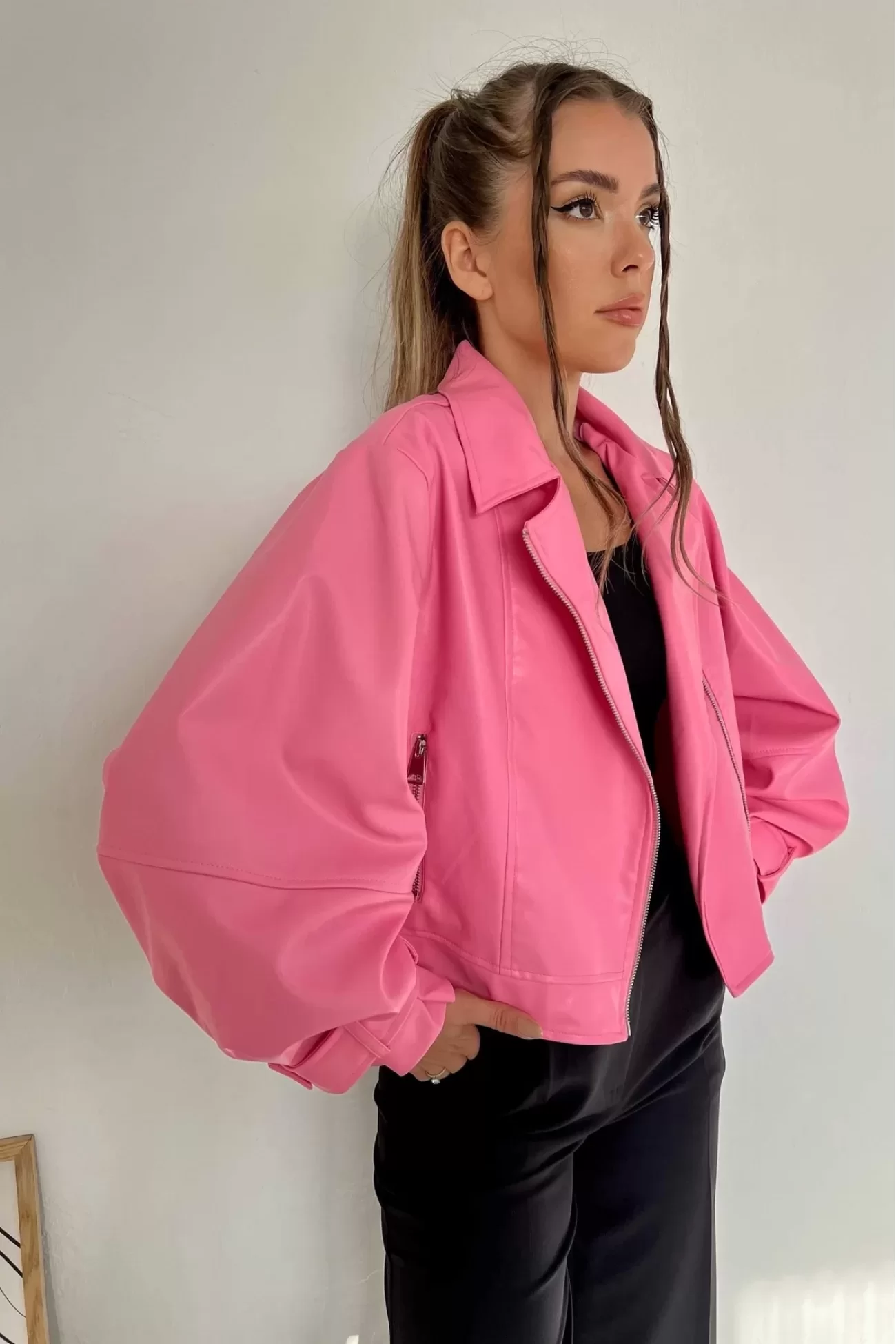 Kadın Pembe Oversize Deri Ceket 0991-9999