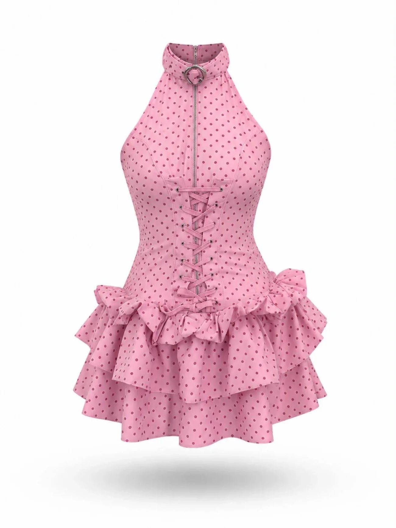 Kadın Pembe Puantiye Özel Tasarım Volanlı Mini Elbise 5443