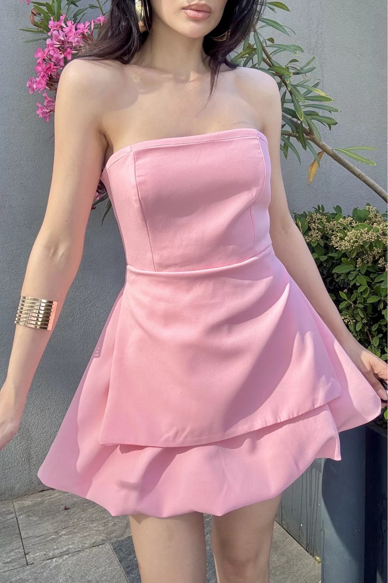 Kadın Pembe Straplez Elbise 1006-748