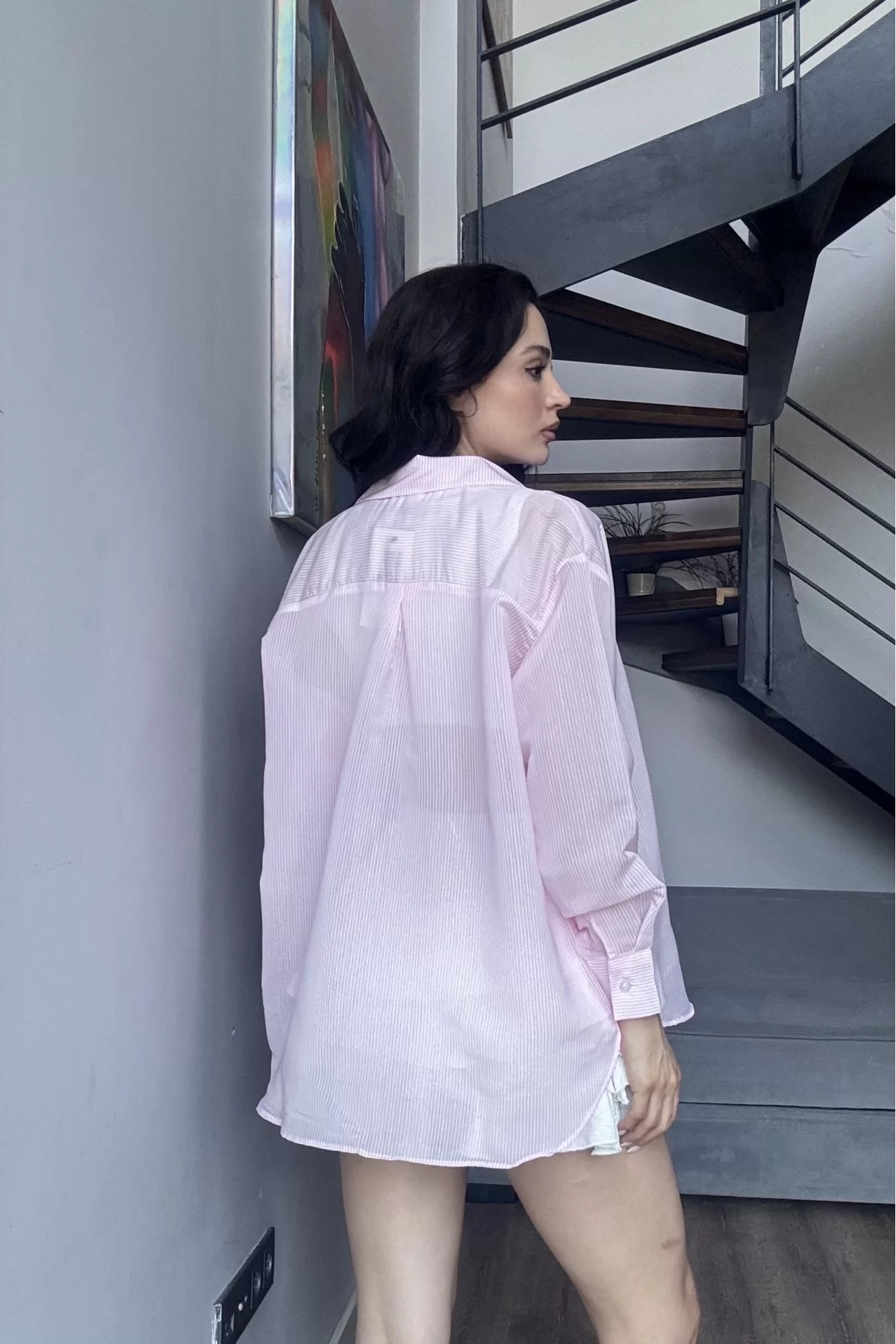 Kadın Pembe Transparan Çizgili Gömlek 1006-6876
