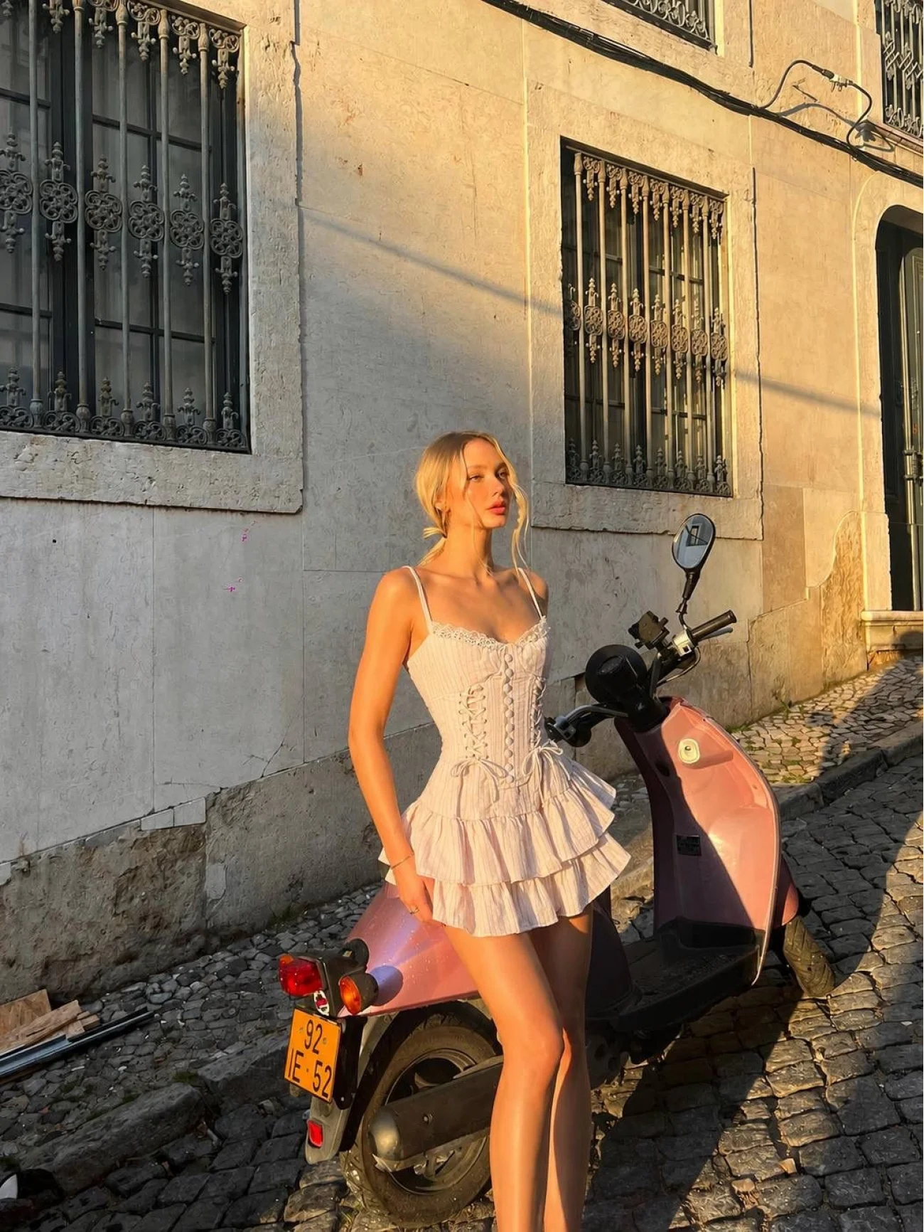 Kadın Pudra Korseli Çizgili Mini Elbise 5424