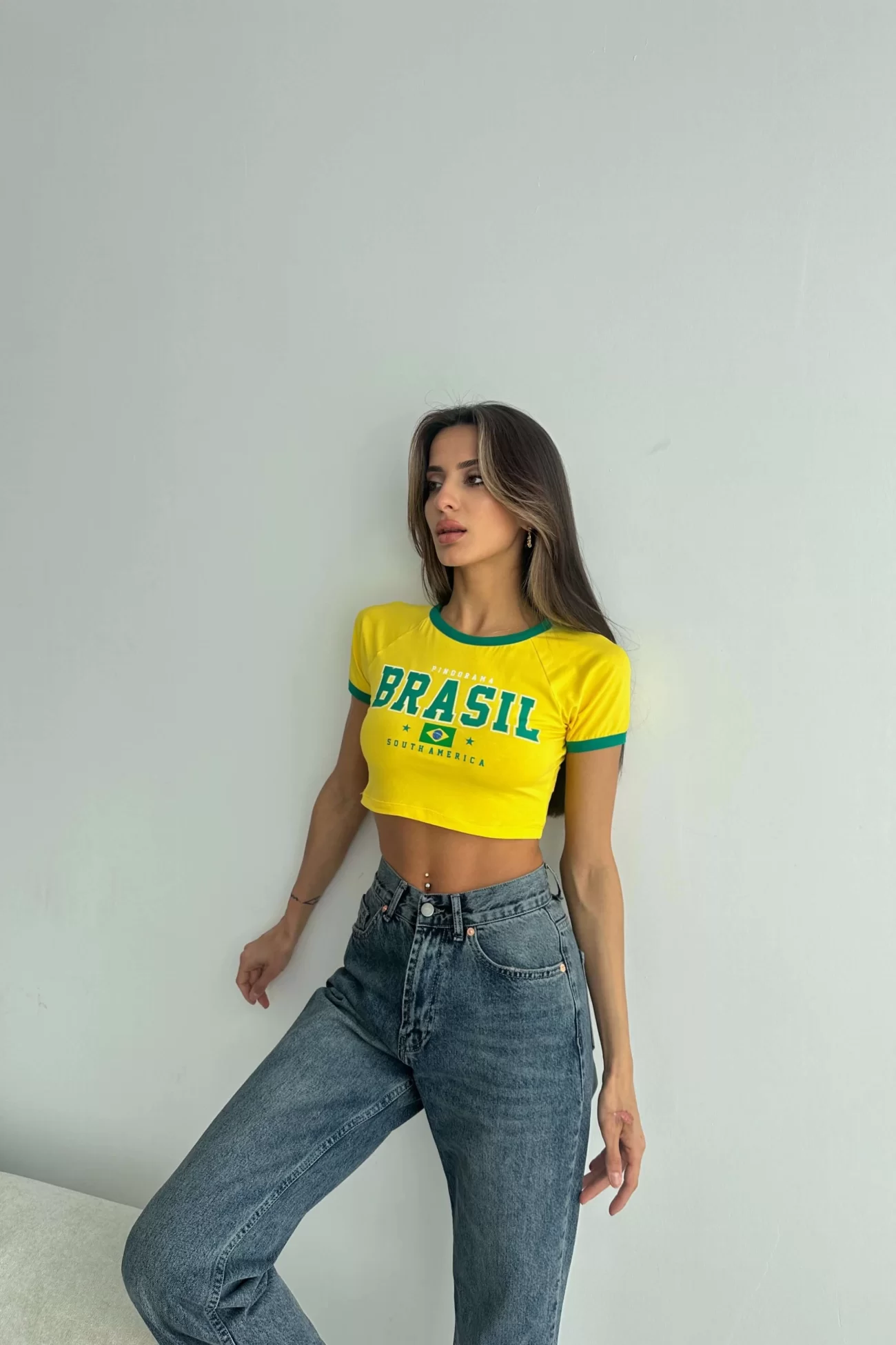 Kadın Sarı Brasil Baskı Crop