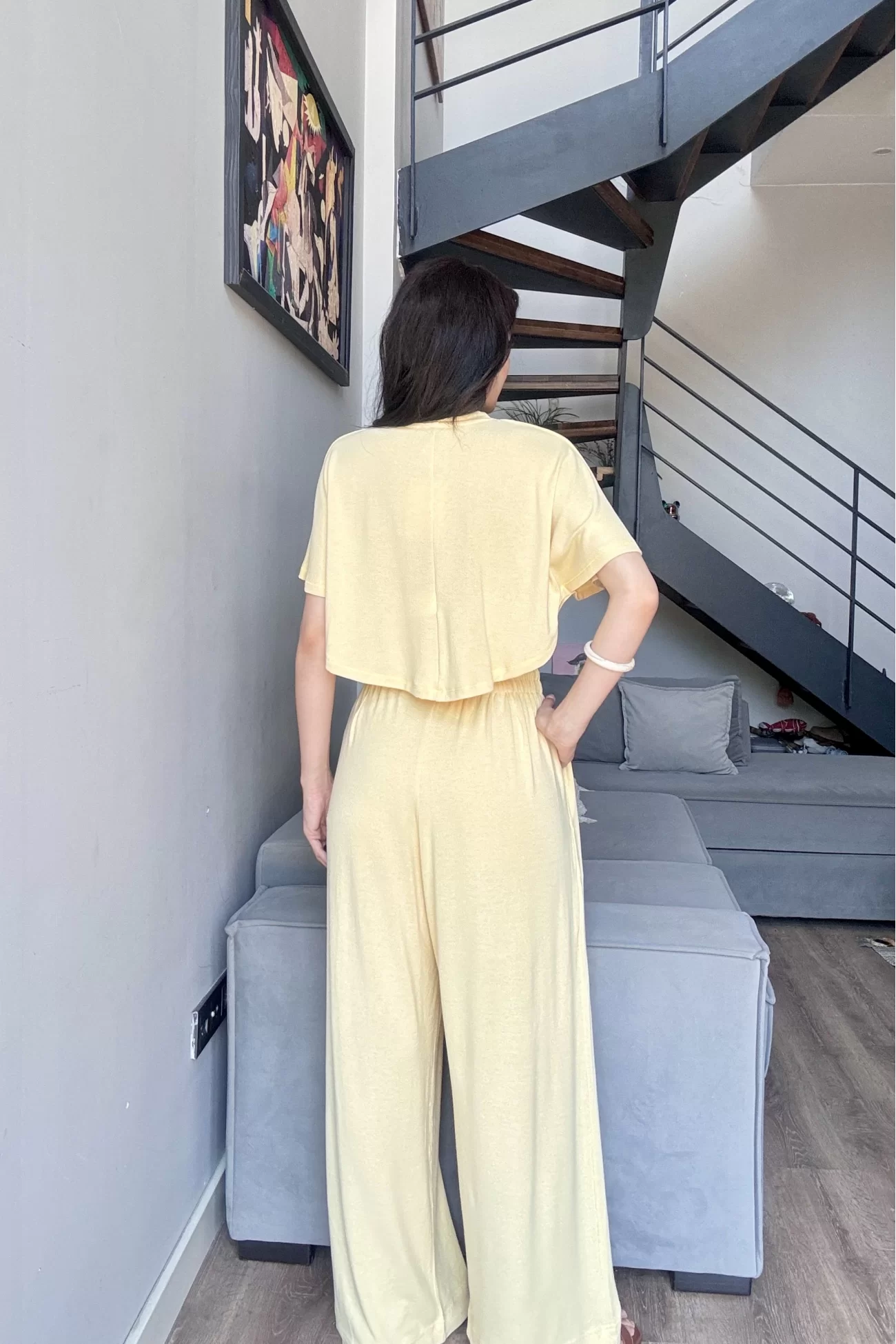 Kadın Sarı Crop Pantolon Takım 1017-0176