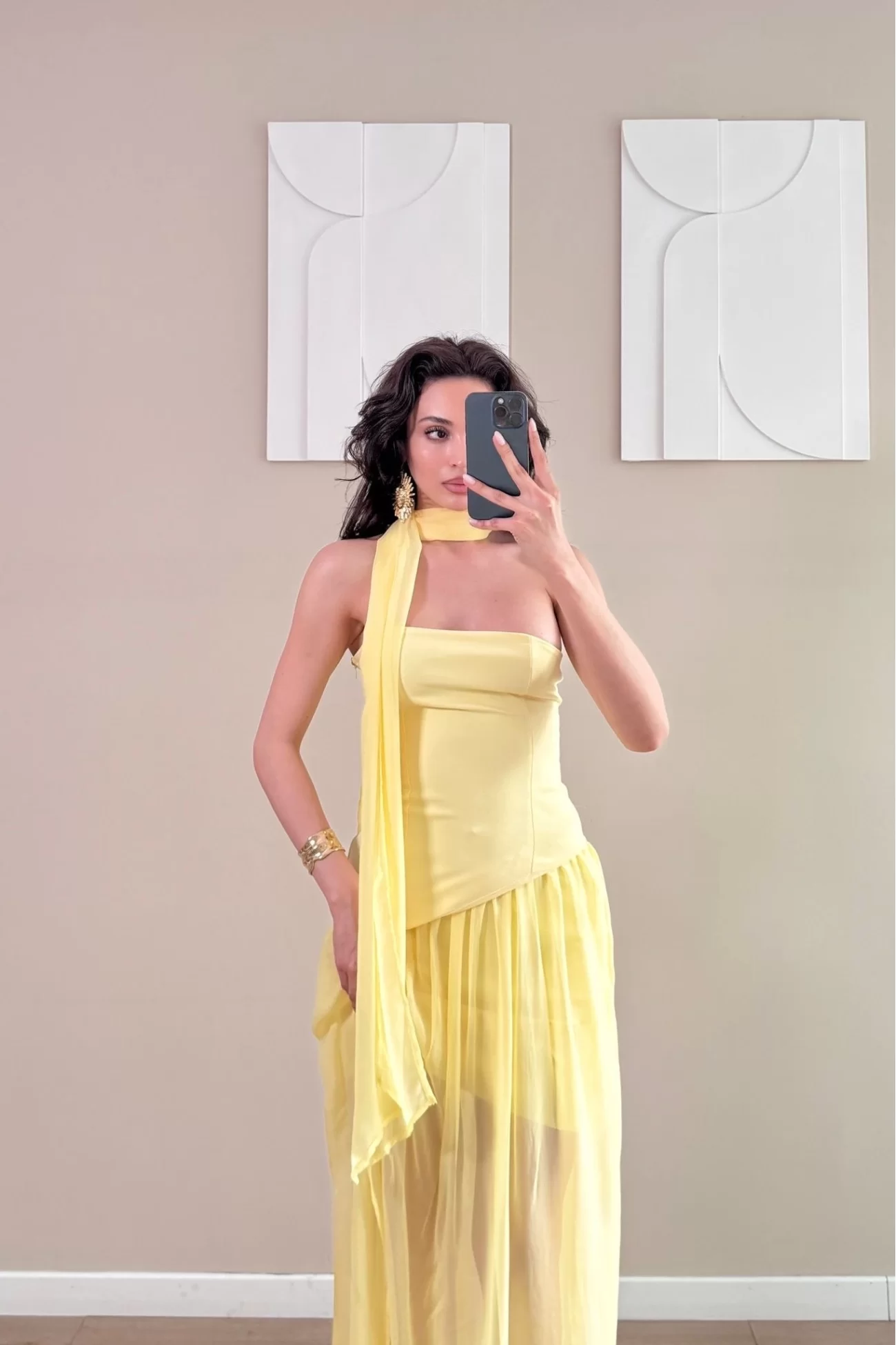 Kadın Sarı Fularlı Straplez Elbise 1041-2986