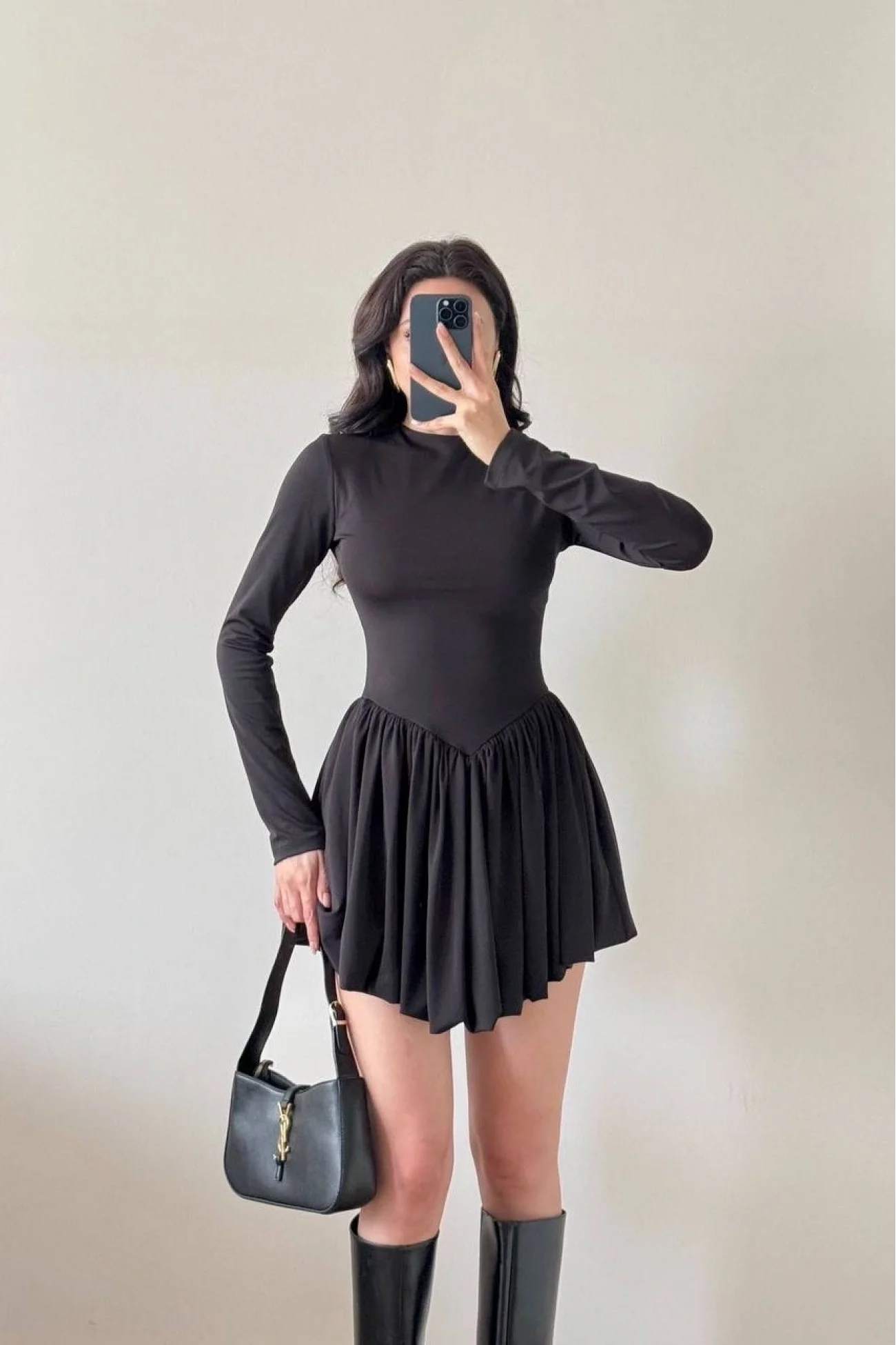 Kadın Siyah Dalgç Kumaş Balon Elbise 1041-2717