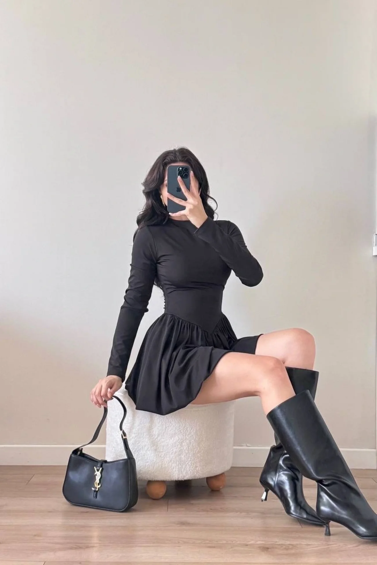 Kadın Siyah Dalgç Kumaş Balon Elbise 1041-2717