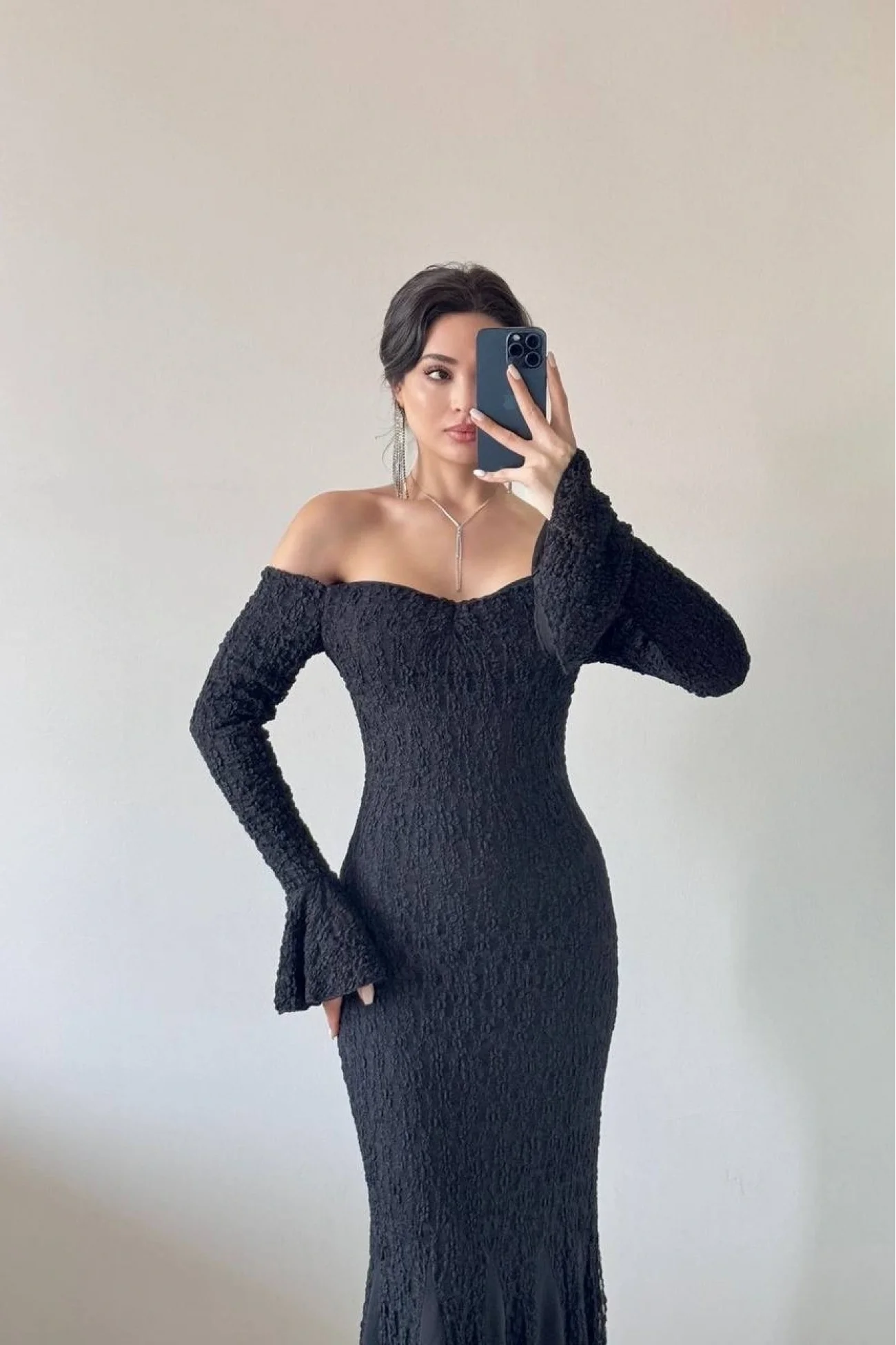 Kadın Siyah Etek Şifon Garni detaylı Dantel Elbise 1041-2738