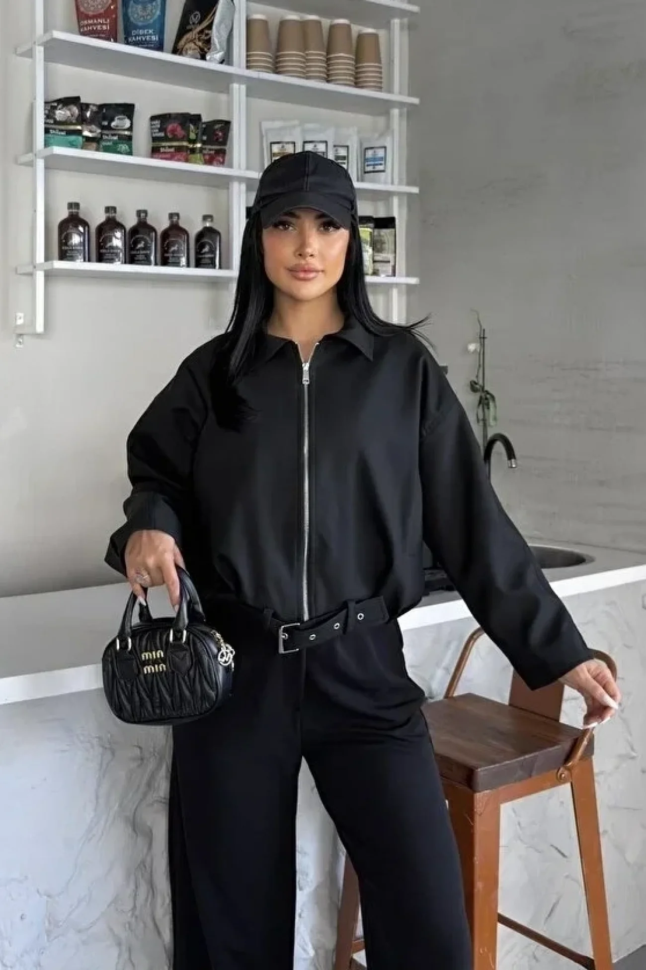 Kadın Siyah Oversize Bomber Gabardin Ceket 2911