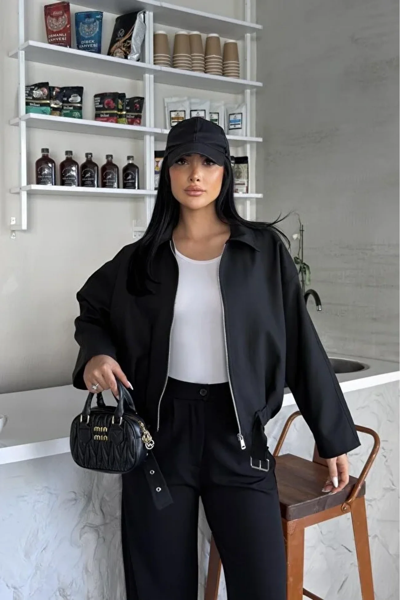 Kadın Siyah Oversize Bomber Gabardin Ceket 2911