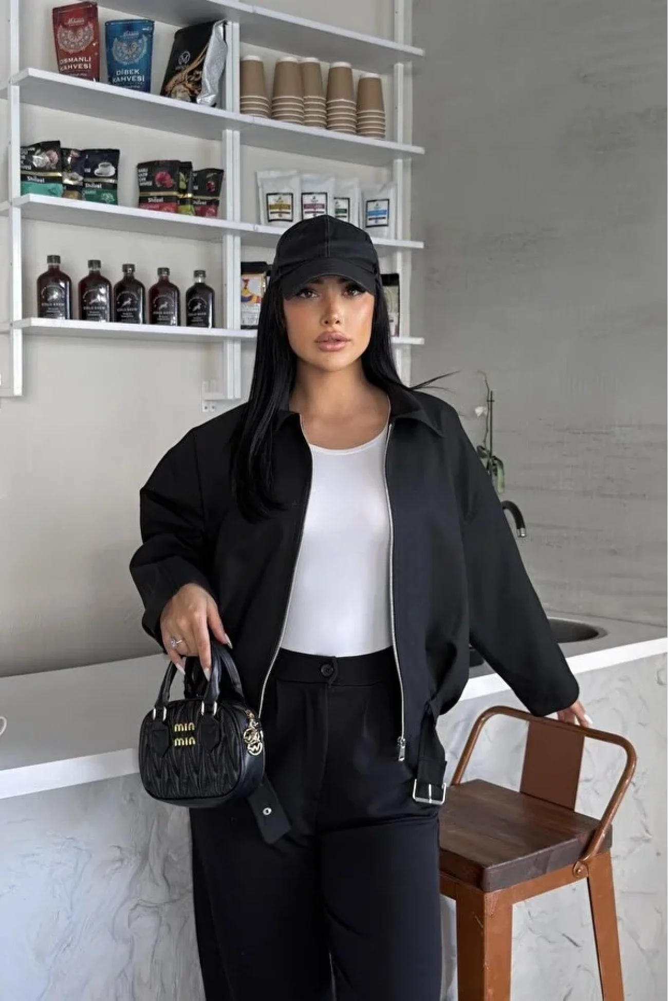 Kadın Siyah Oversize Bomber Gabardin Ceket 2911