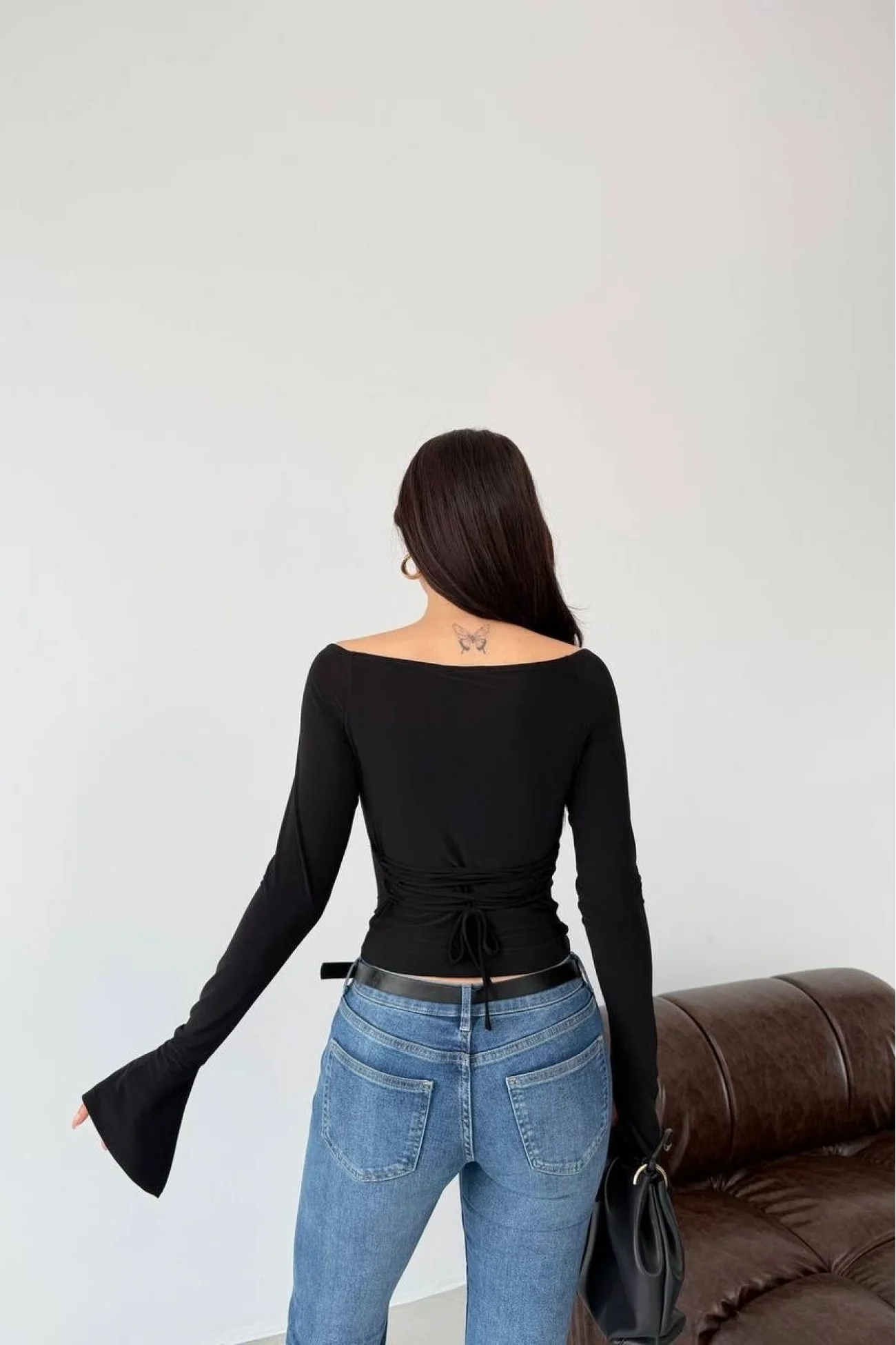 Kadın Siyah Sırt Bağlamalı İspanyol Kol Bluz 1041-2772