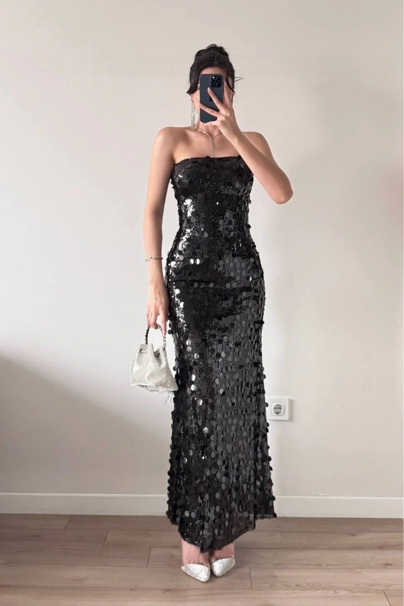 Kadın Siyah Straplez PulPayet Elbise 1041-2719