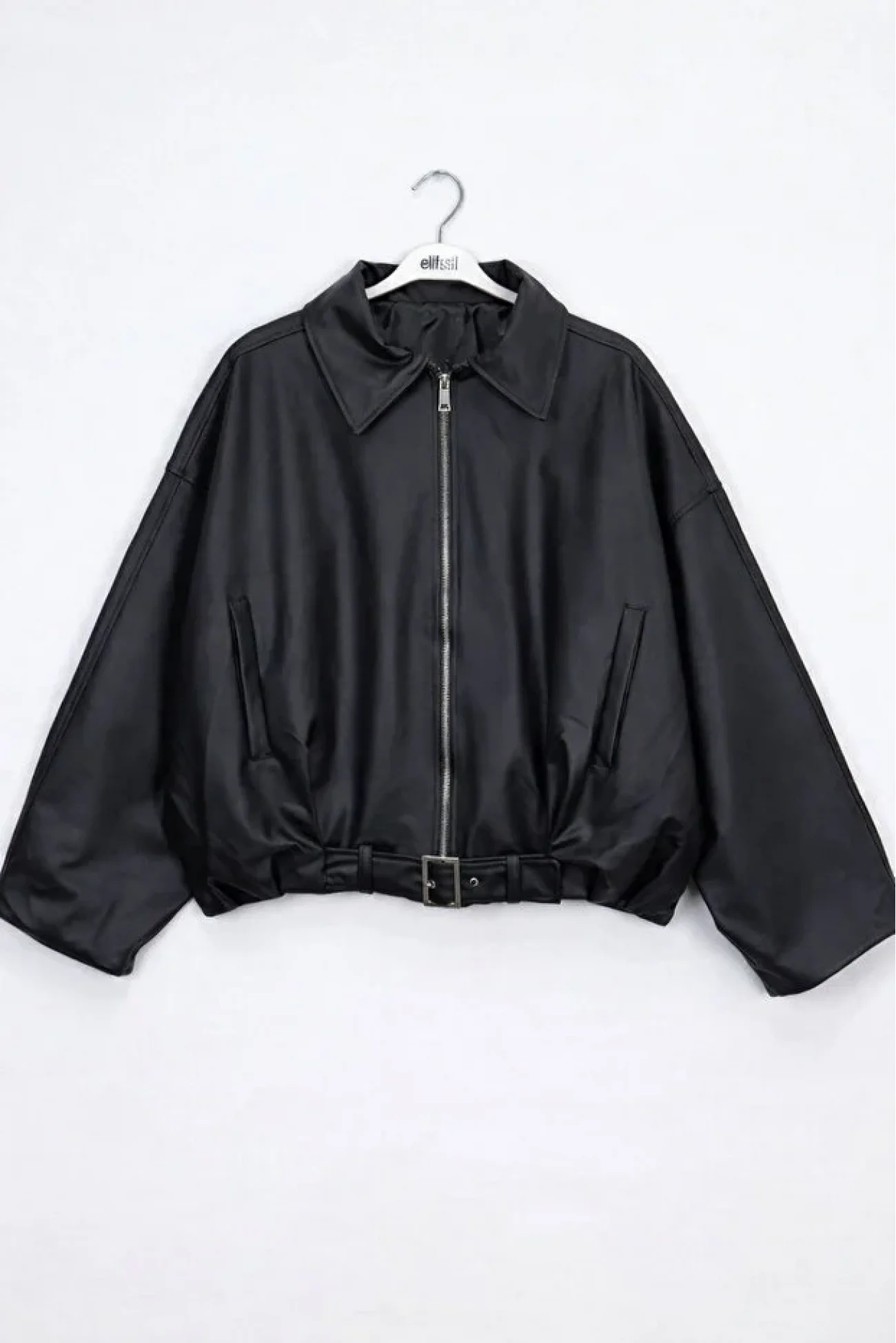 Kadın Siyah Trend Oversize Bomber Kemerli Deri Ceket 2788