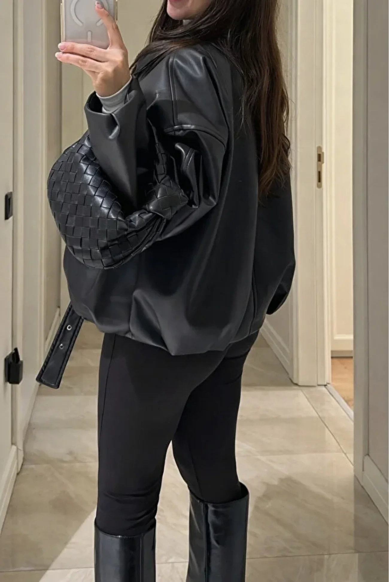 Kadın Siyah Trend Oversize Bomber Kemerli Deri Ceket 2788