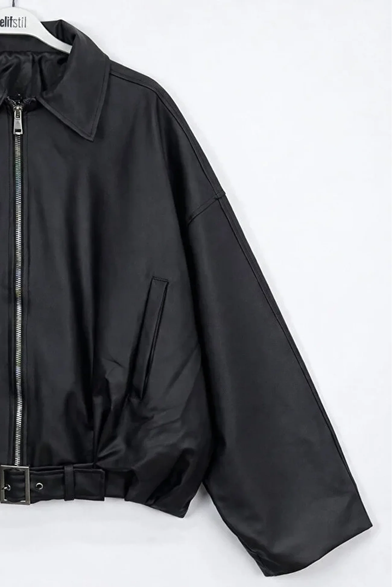 Kadın Siyah Trend Oversize Bomber Kemerli Deri Ceket 2788