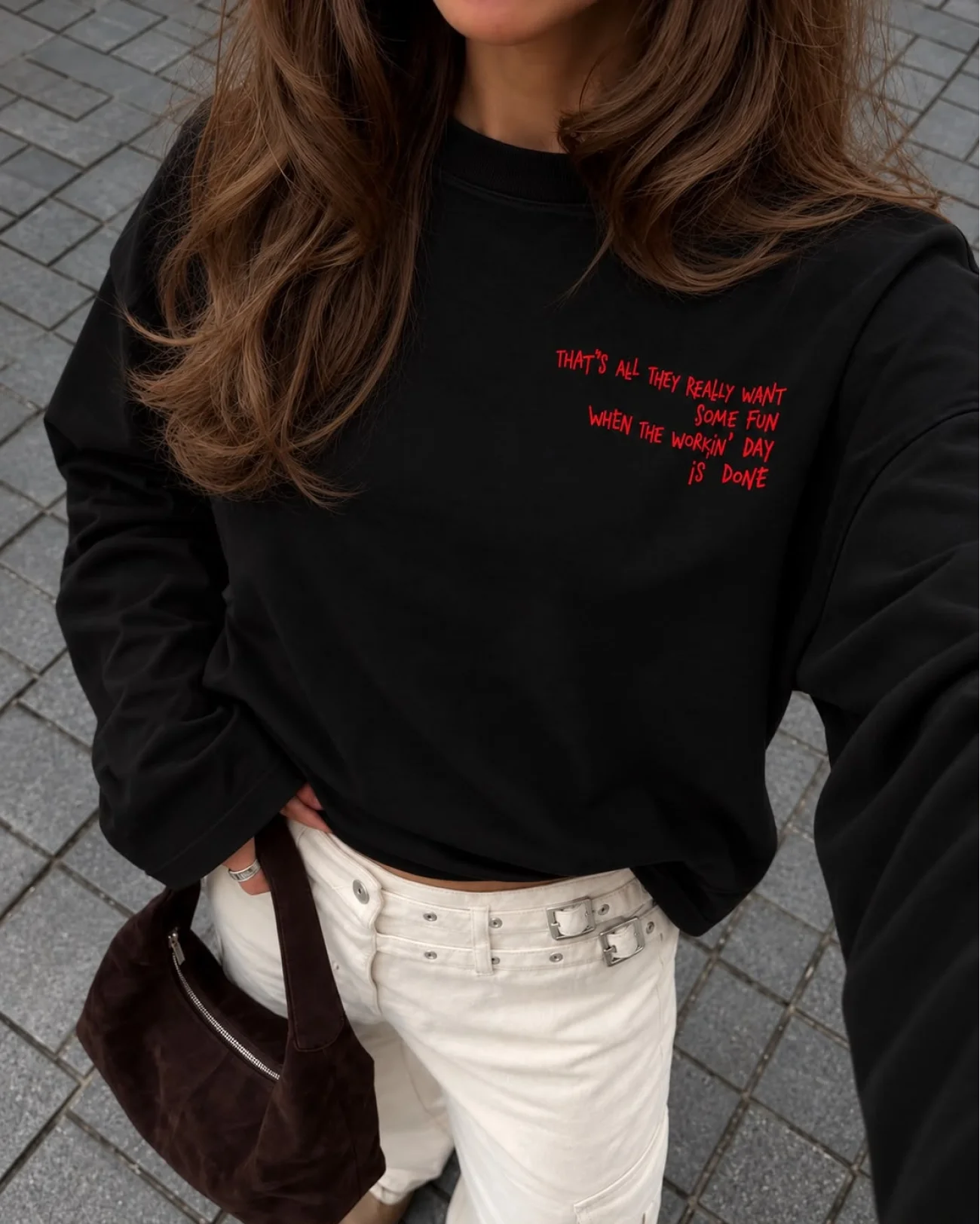 Kadın Siyah Viral Sloganlı Uzun Kol Oversize T-shirt 4853