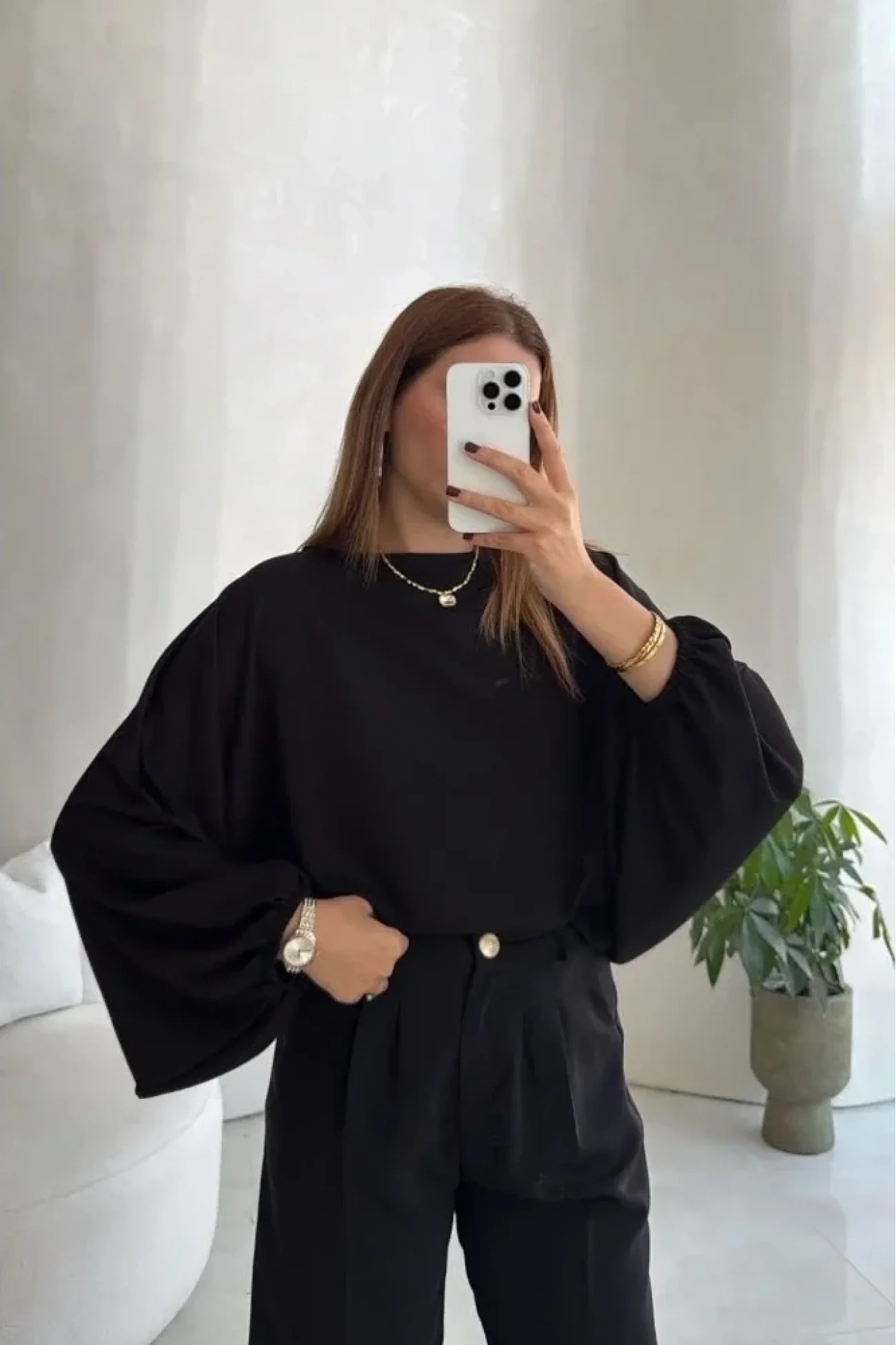 Kadın Siyah Yarasa Kol Oversize Bluz 1627