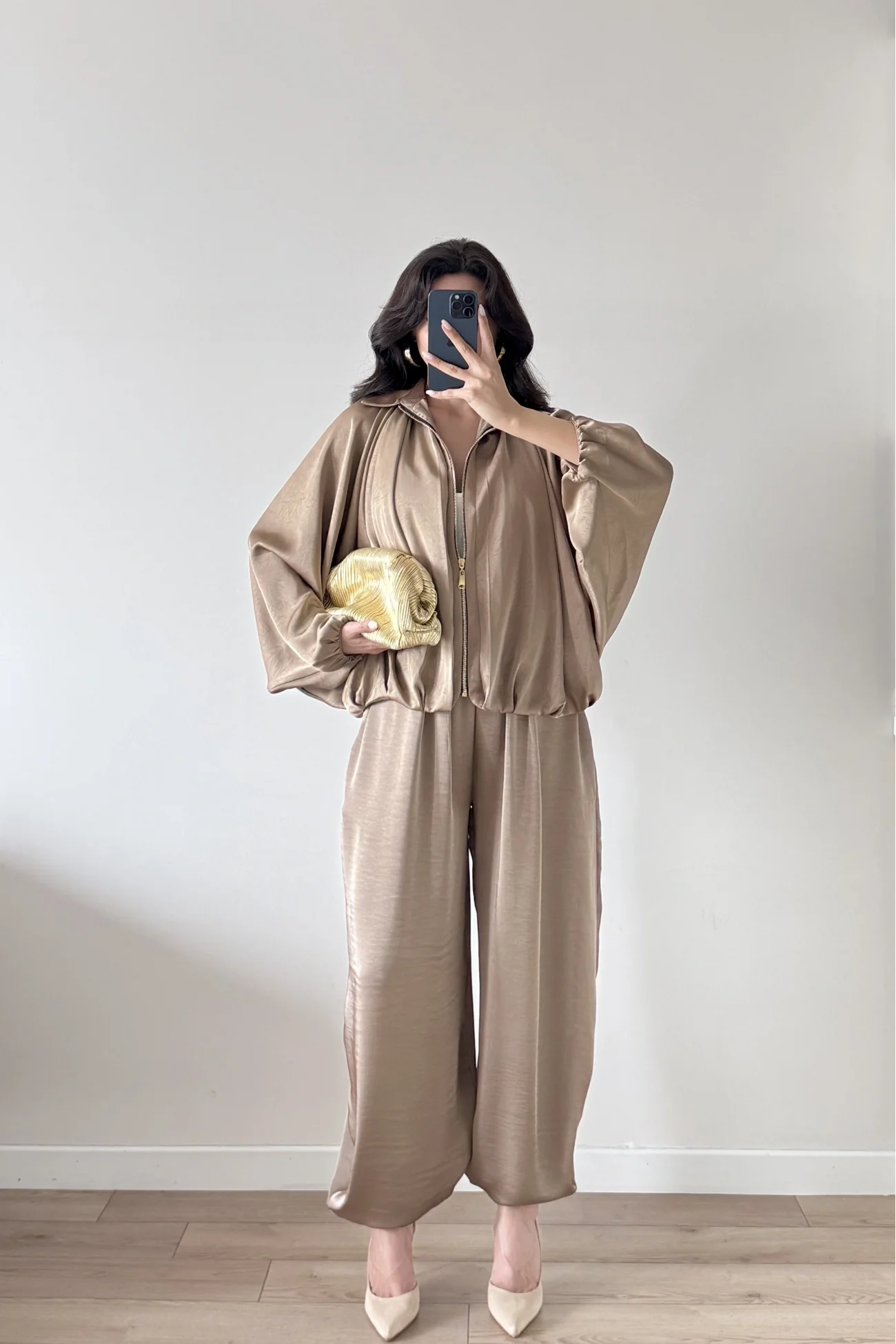 Kadın Vizon Saten Bomber Ceket Pantolon Takım 1046-9584