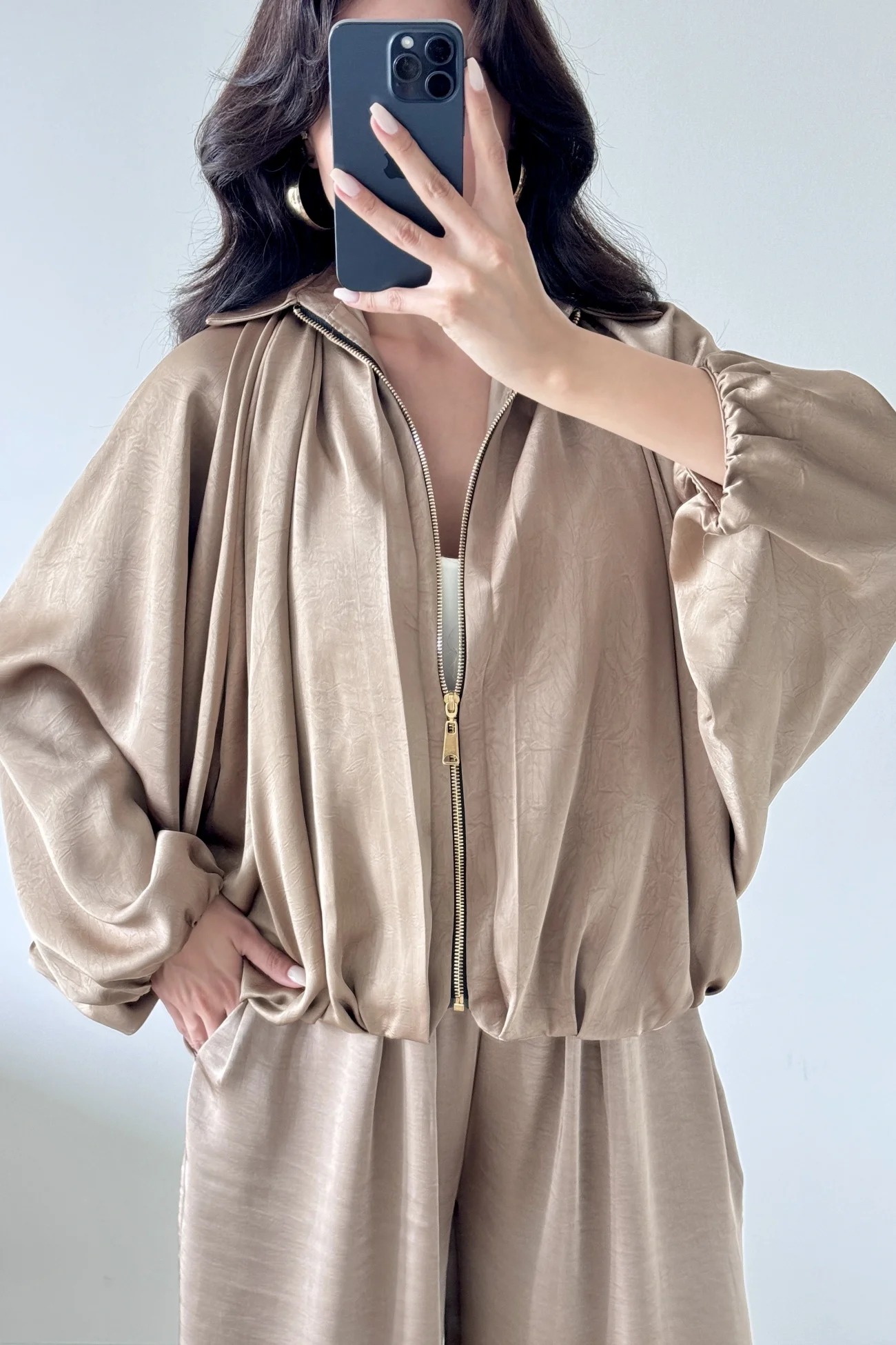 Kadın Vizon Saten Bomber Ceket Pantolon Takım 1046-9584