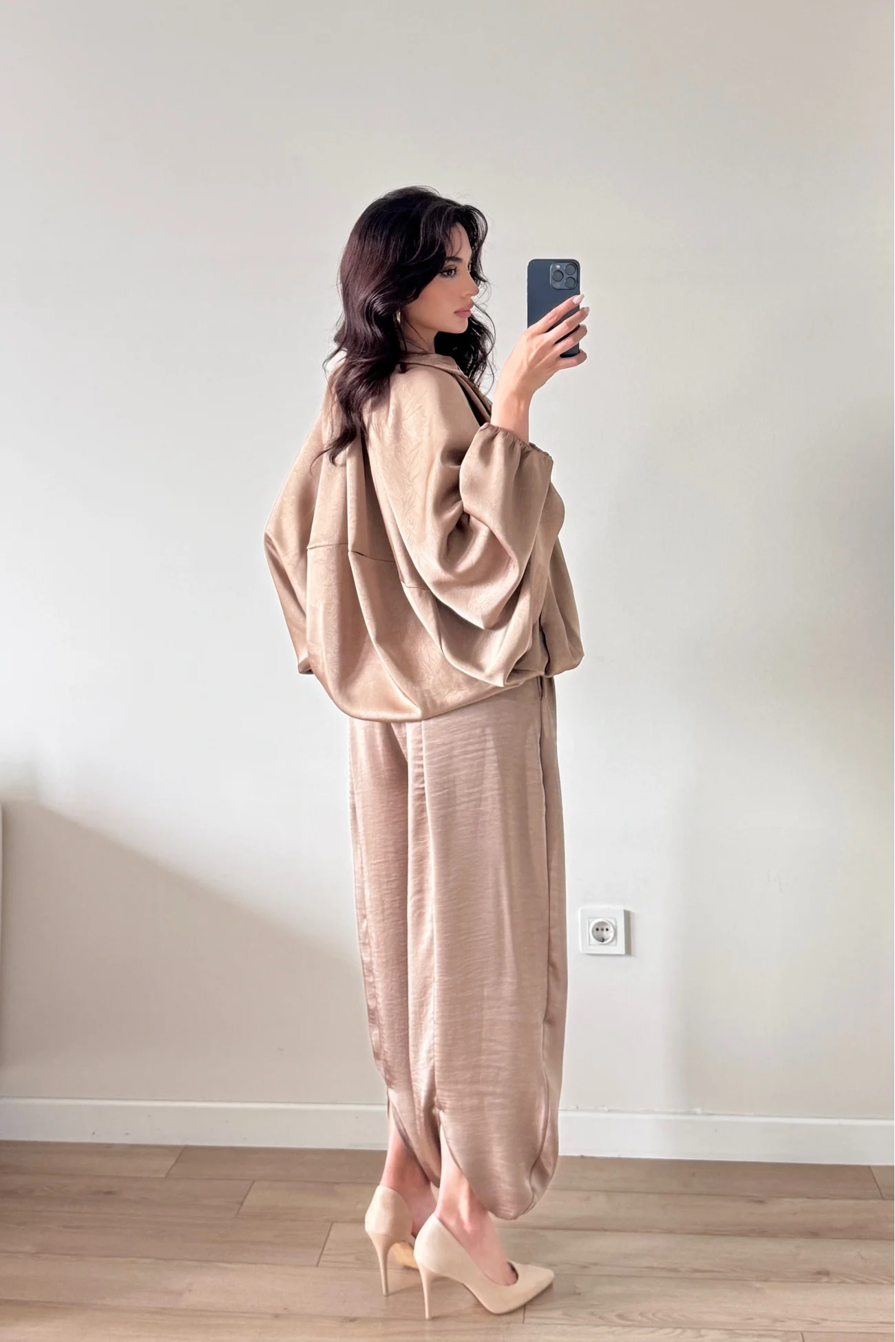 Kadın Vizon Saten Bomber Ceket Pantolon Takım 1046-9584