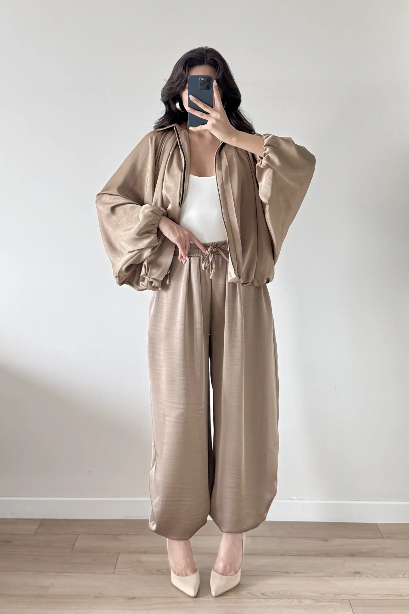 Kadın Vizon Saten Bomber Ceket Pantolon Takım 1046-9584