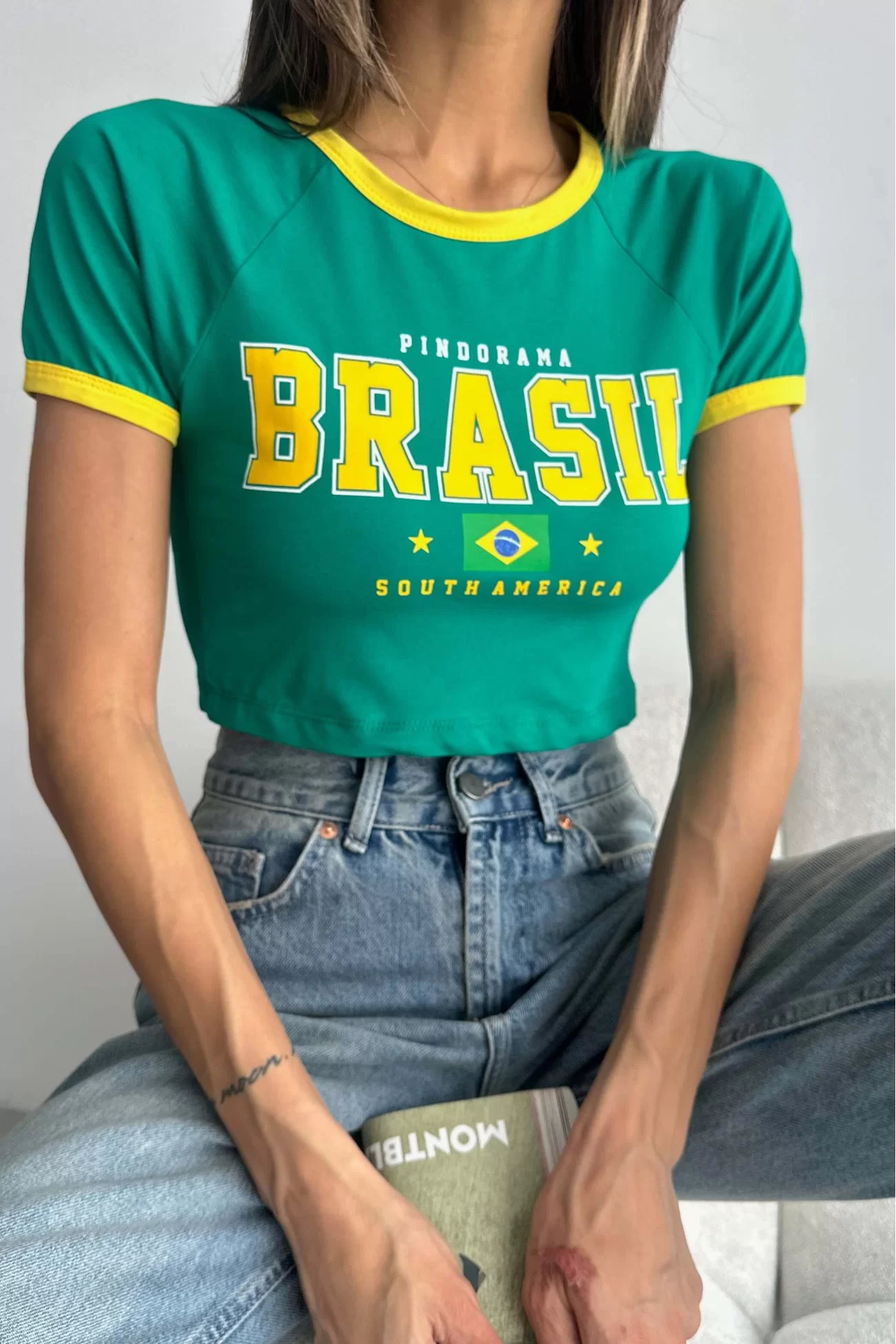 Kadın Yeşil Brasil Baskı Crop 1017-0151