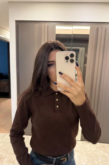 Kadın Kahve Polo Yaka Kazak 1014-2402