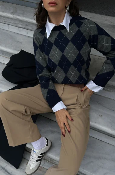 Kadın Lacivert Baklava Desen Kazak 1014-5219