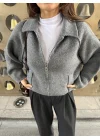 Kadın Antrasit Fermuarlı Oversize Hırka 1014-2381