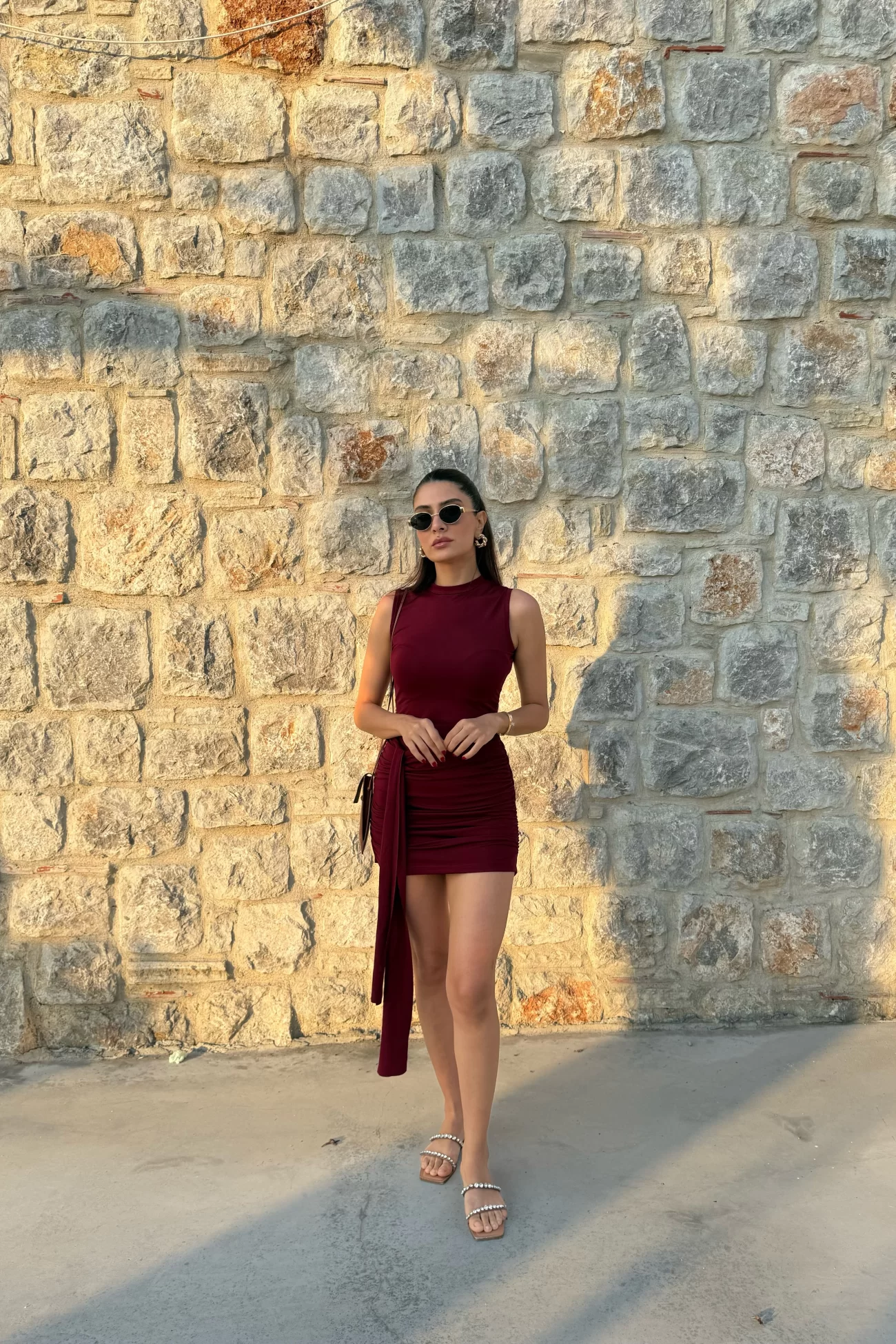 Kadın Bordo Bağlamalı Kısa Elbise 1026-221677