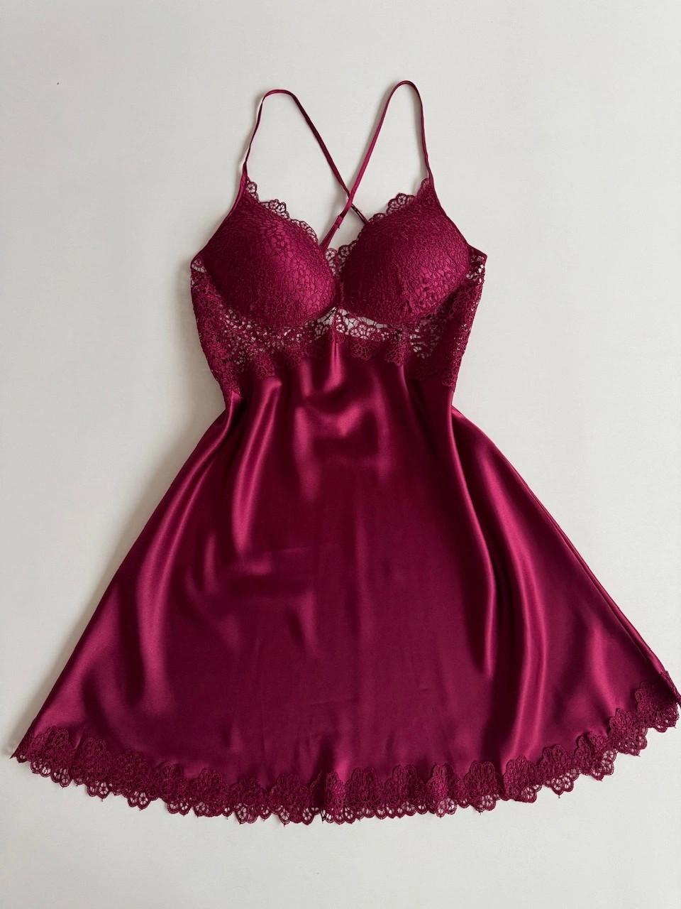 Büyük Beden Güpür Detaylı Bordo Kısa Gecelik