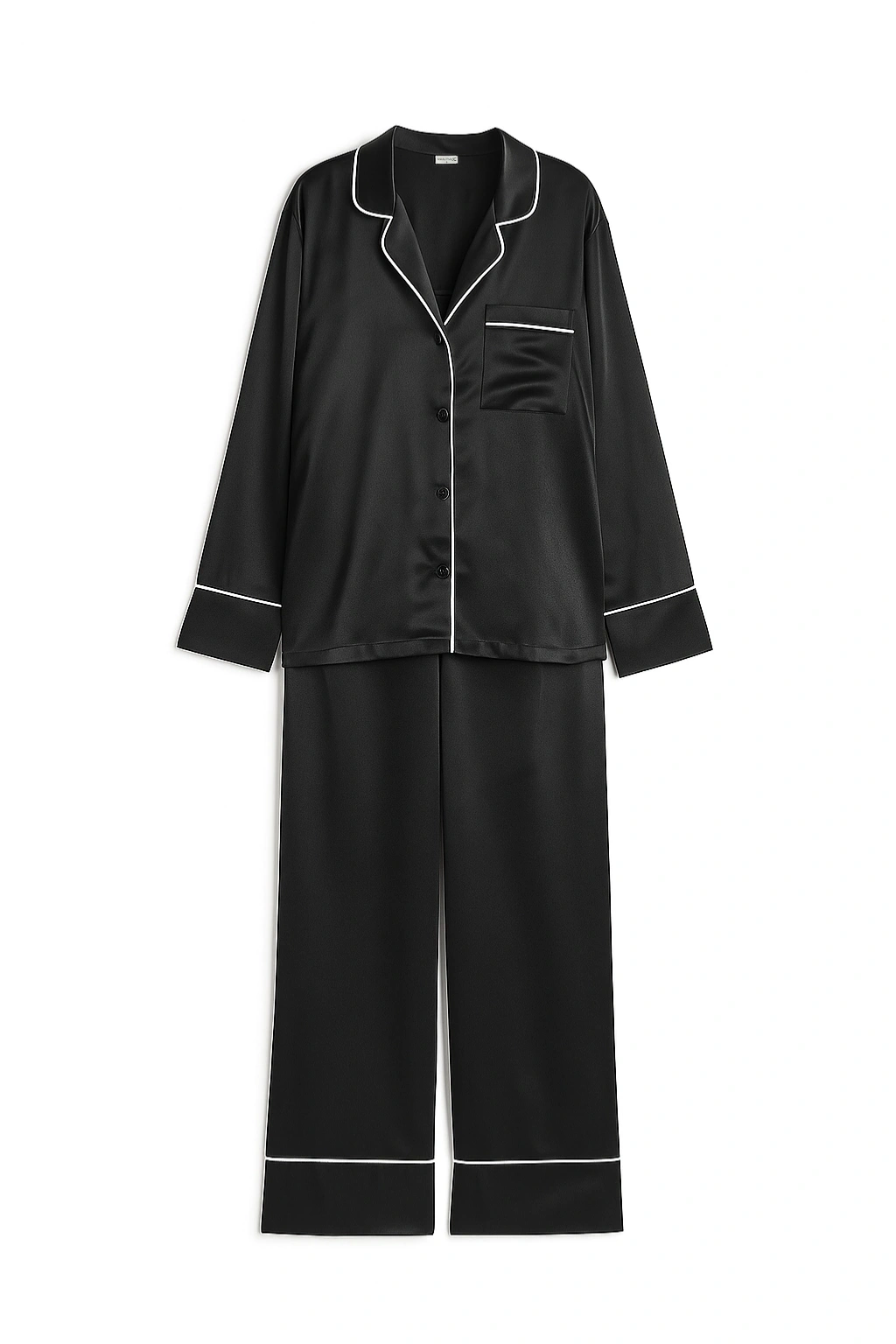 İpeksi Saten Siyah Biyeli Pijama Takımı