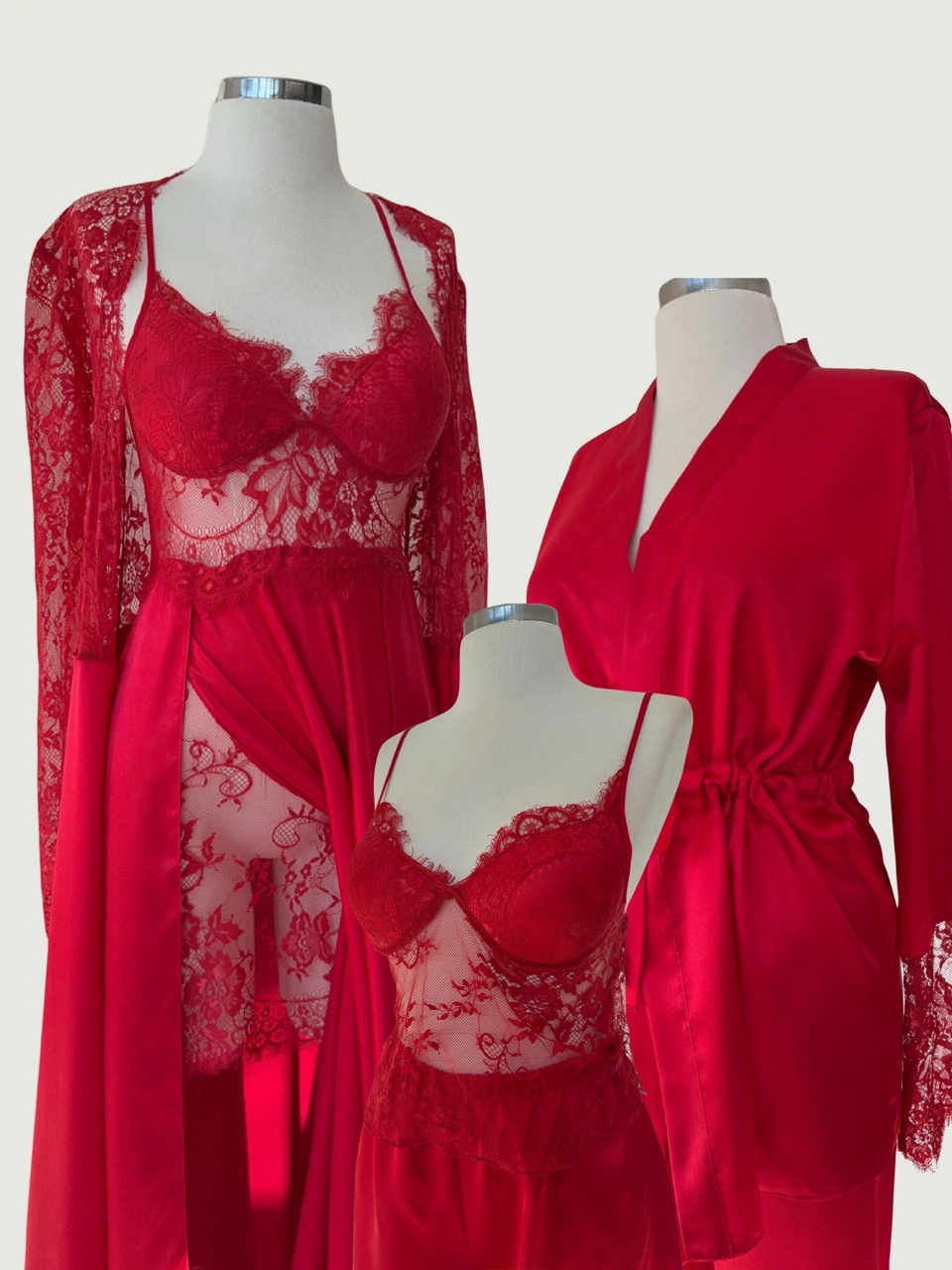 Luna Bridal Dantel & Saten Altılı Set Kırmızı