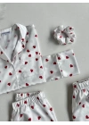 Beyaz Kırmızı Kalpli Saten Pijama Seti