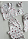Beyaz Kırmızı Kalpli Saten Pijama Seti