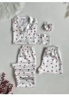 Beyaz Kırmızı Kalpli Saten Pijama Seti