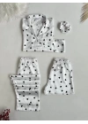Beyaz Siyah Kalpli Saten Pijama Seti