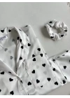 Beyaz Siyah Kalpli Saten Pijama Seti
